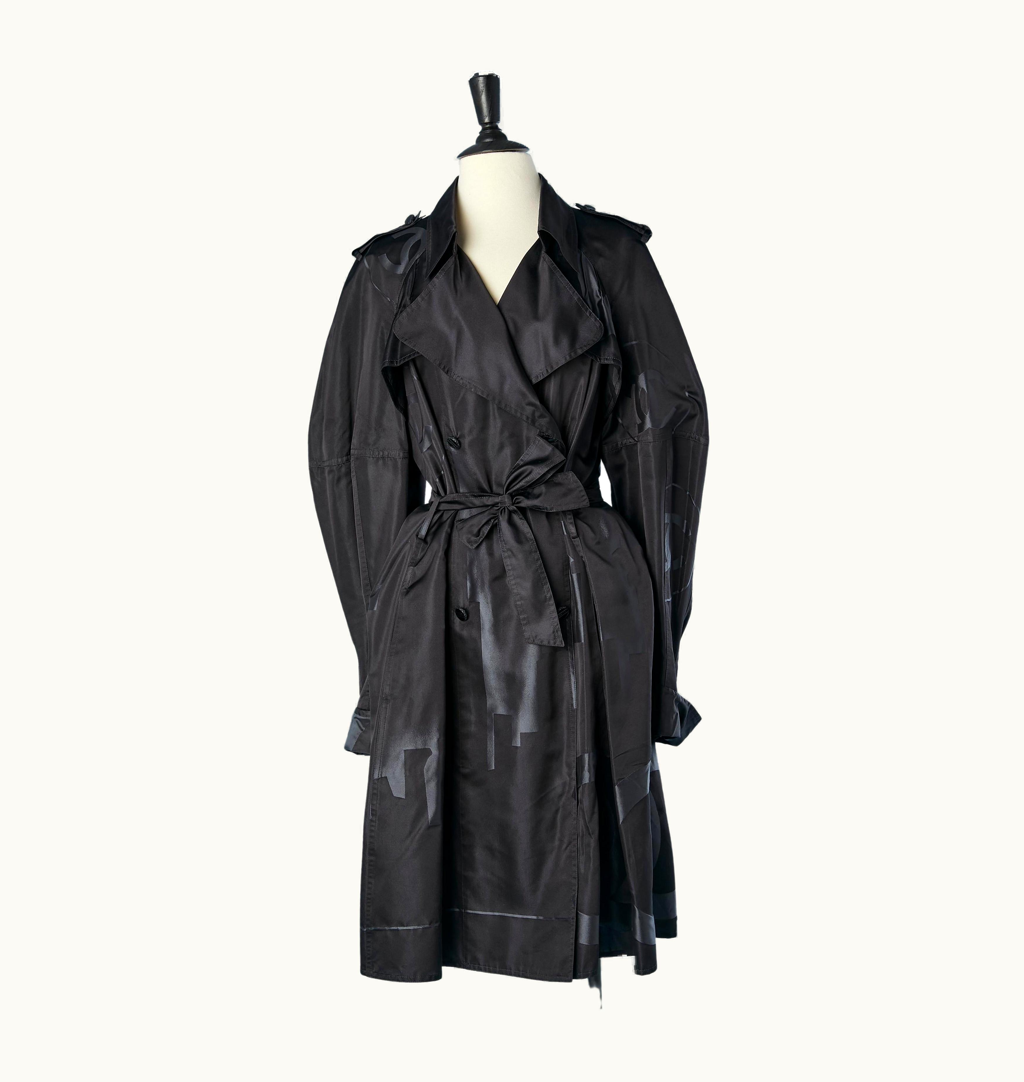 Chanel Black Trench-coat In Branded Silk Jacquard Chanel