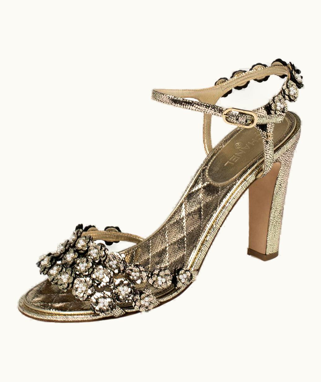 Chanel Chanel Gold Leather Camellia Embellished Sandals