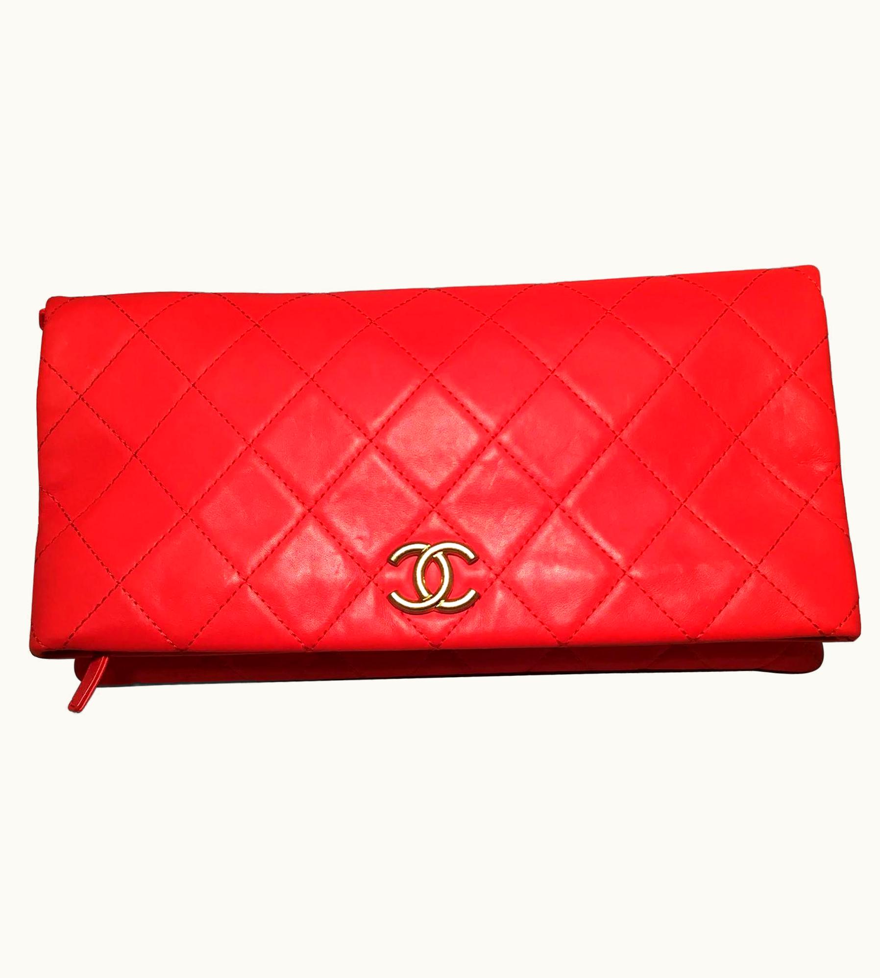 Chanel Chanel Red Quilted Leather Cc Fold Over Clutch