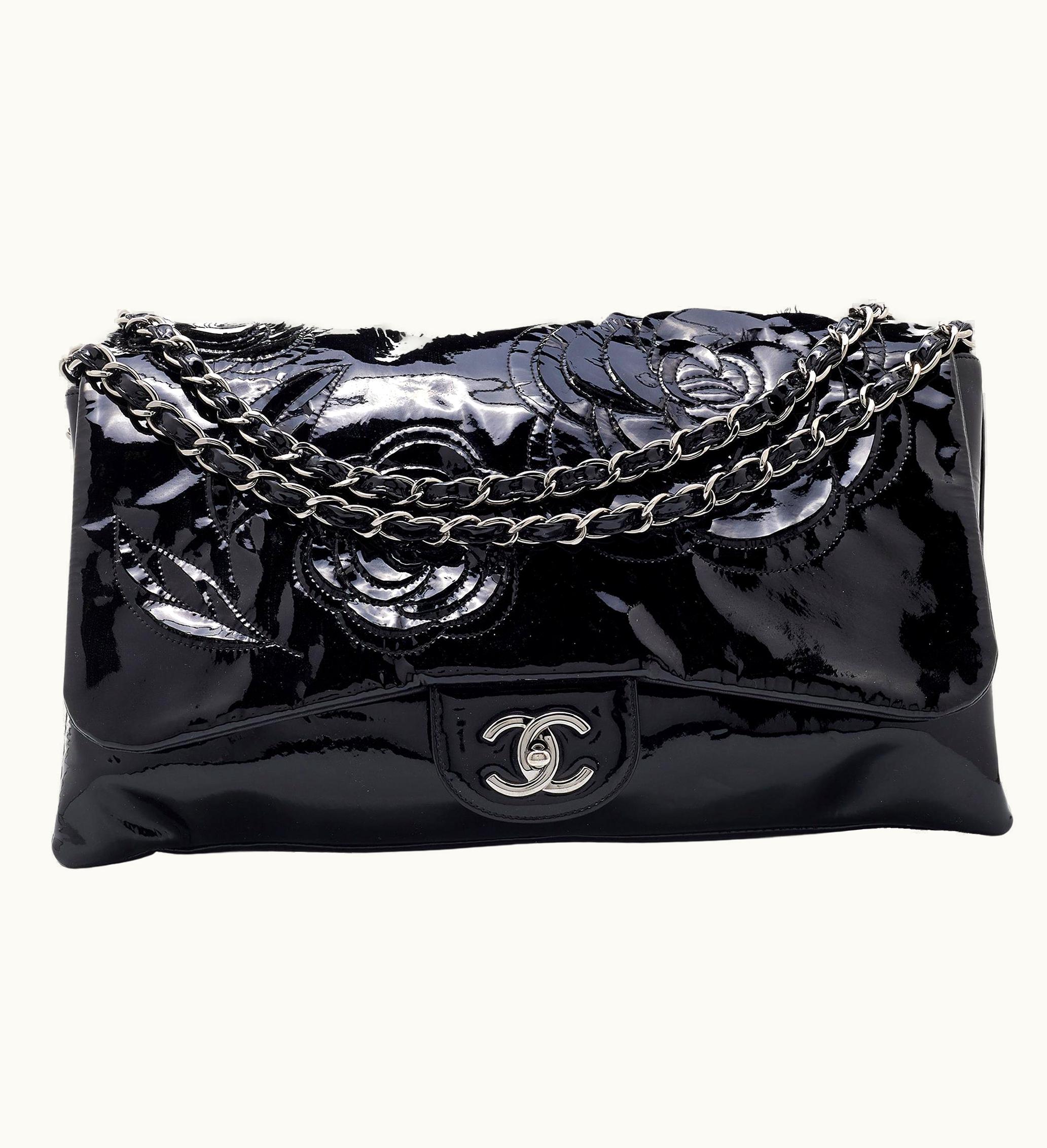 Chanel Chanel Black Patent Leather Paris Shanghai Camellia Flap Bag