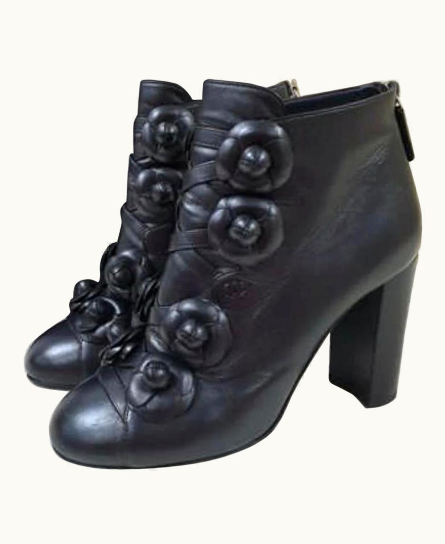 Chanel Chanel Black Leather Camellia Block Heel Ankle Boots