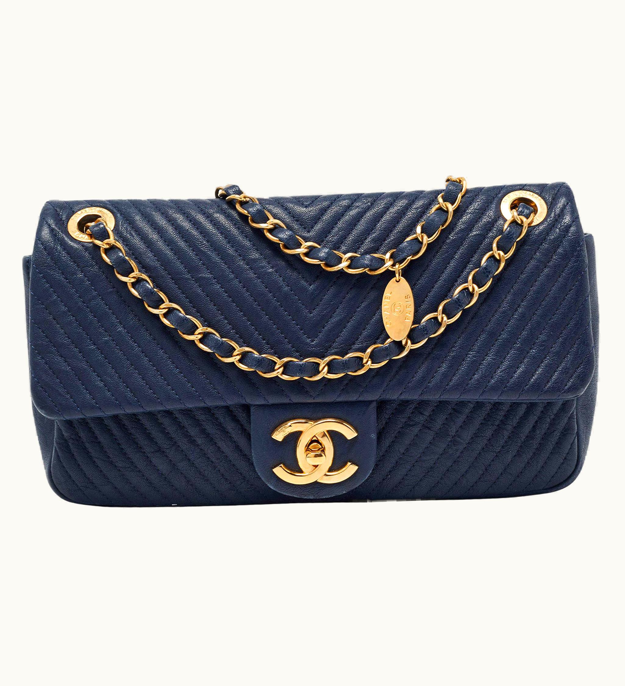Chanel Chanel Navy Blue Chevron Leather Medallion Charm Flap Bag
