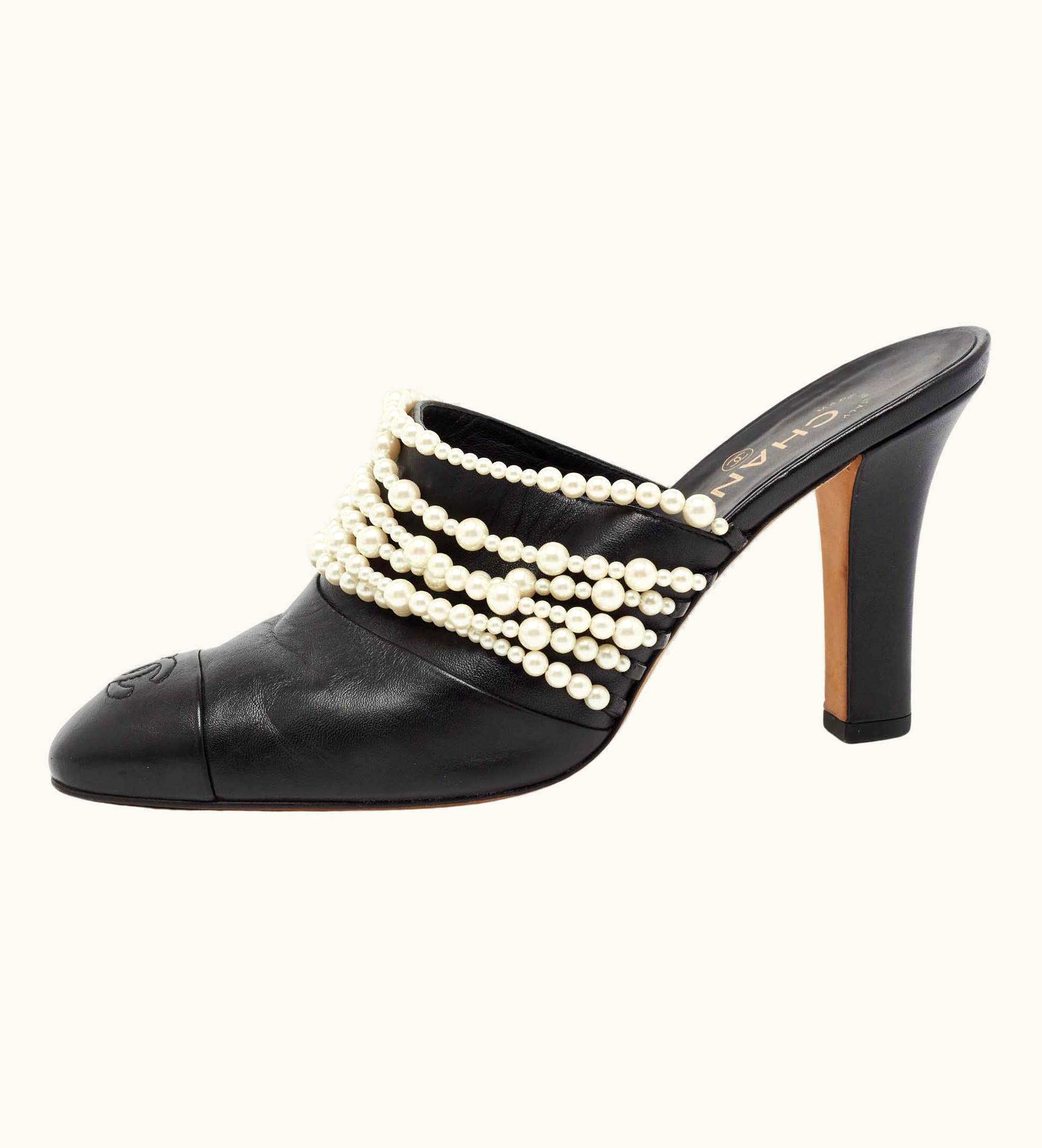 Chanel Chanel Black Leather Pearl Embellished Mules