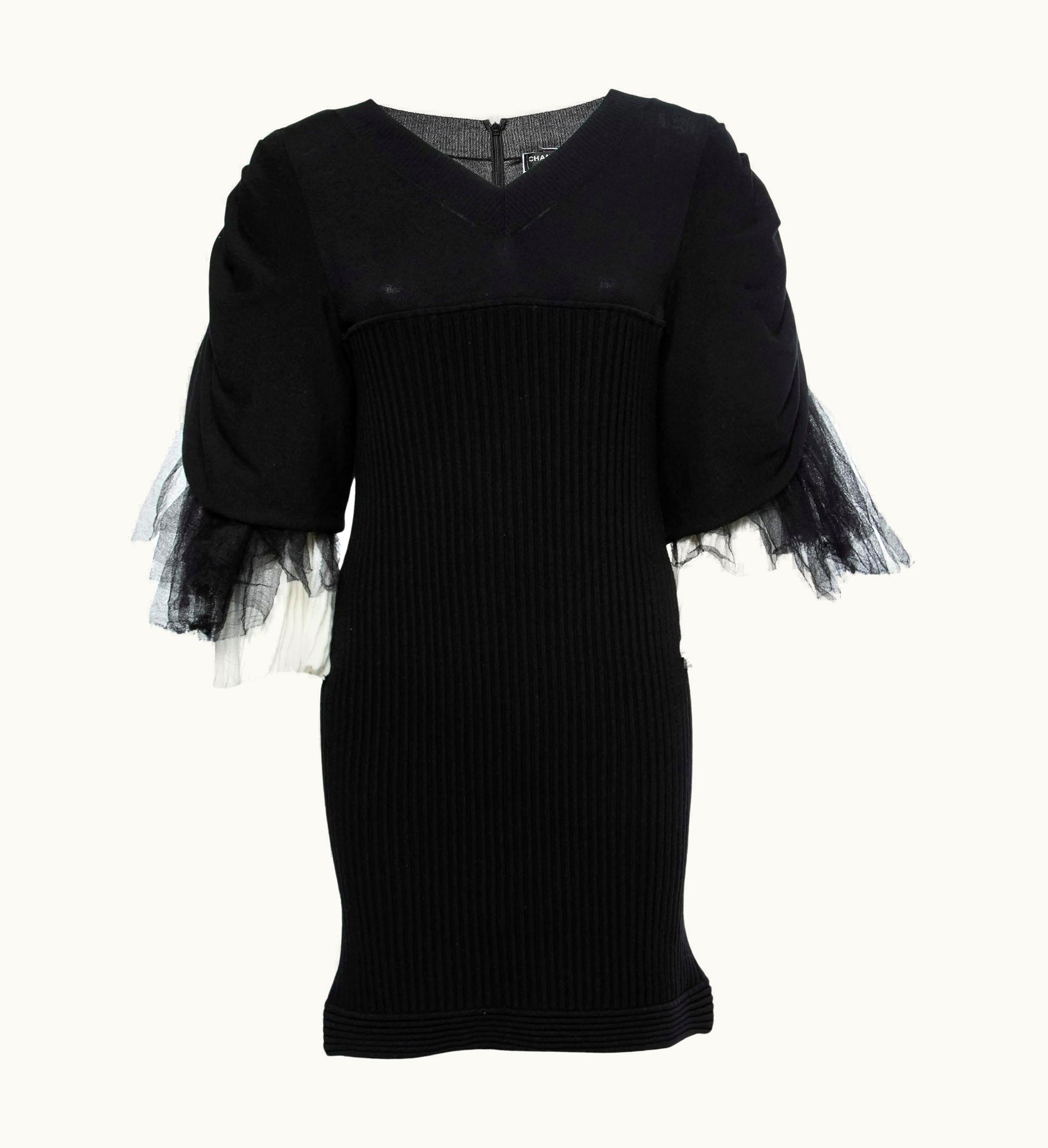 Chanel Chanel Black Rib Knit & Tulle Inset Detailed Dress