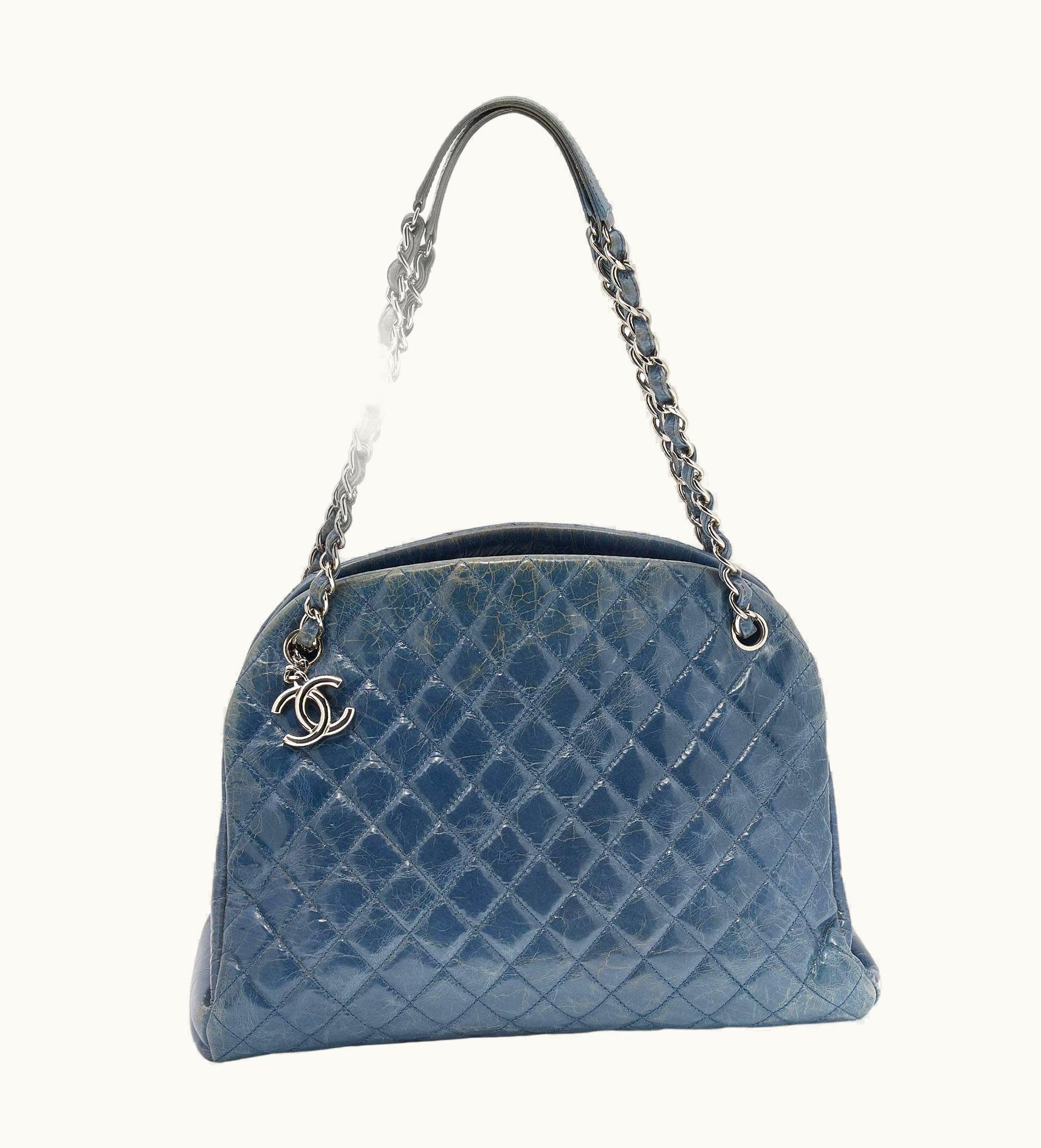 Chanel Chanel Blue Quilted Crackled Leather Large Just Mademoiselle Bowling Bag