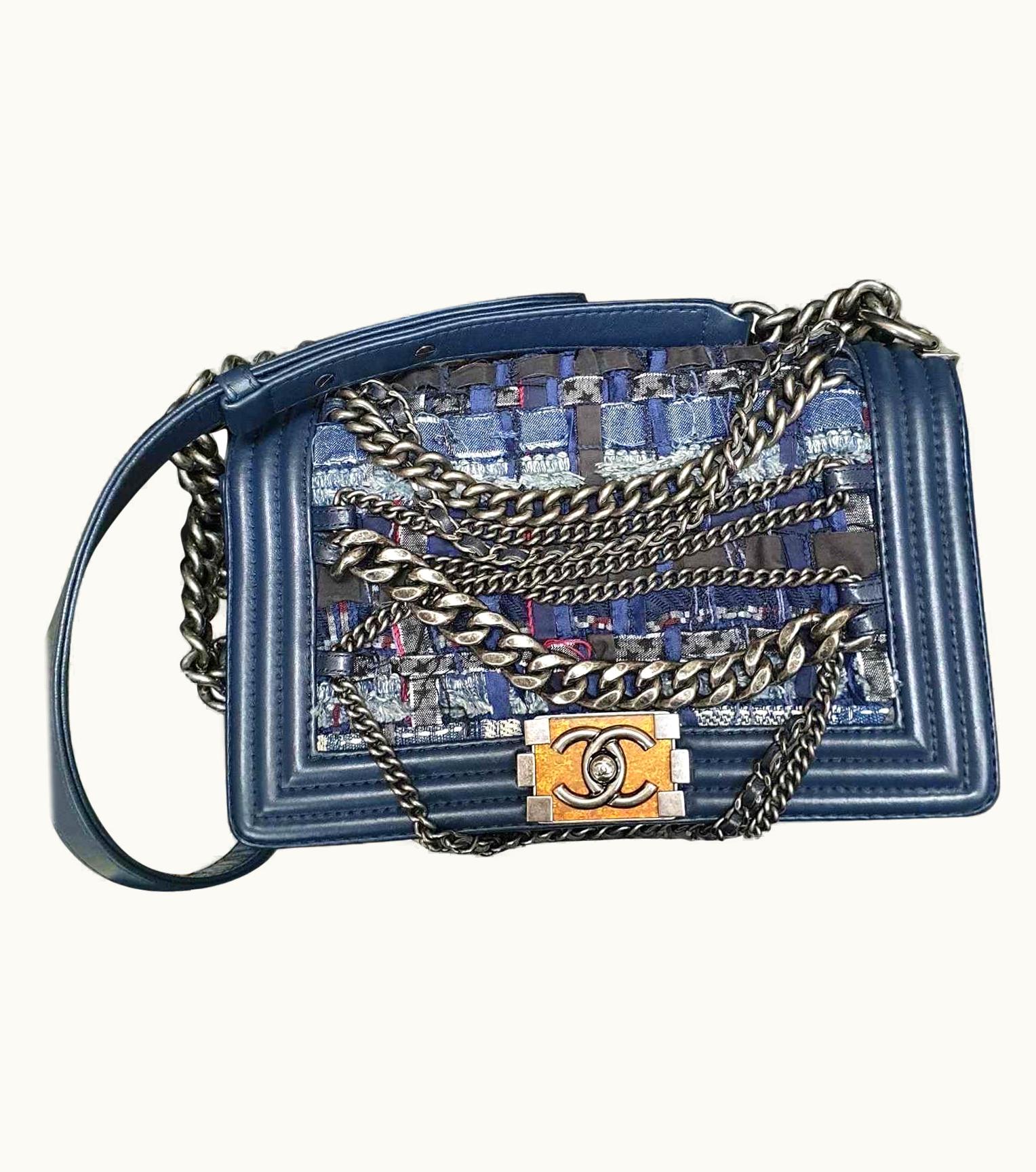 Chanel Chanel Blue Tweed Leather Enchained Medium Boy Shouder Bag