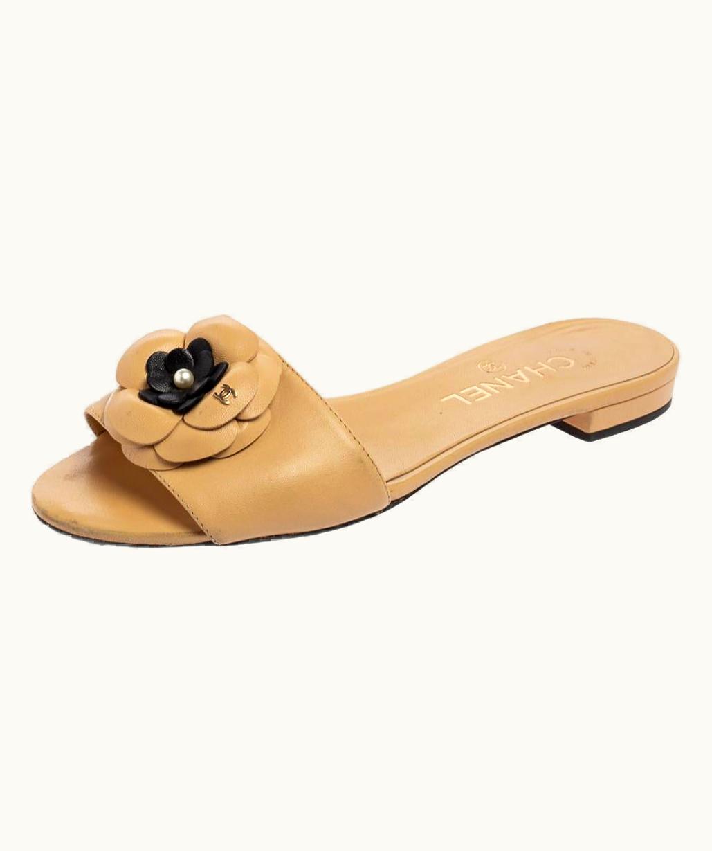 Chanel Chanel Beige Leather Camellia Flat Sandals