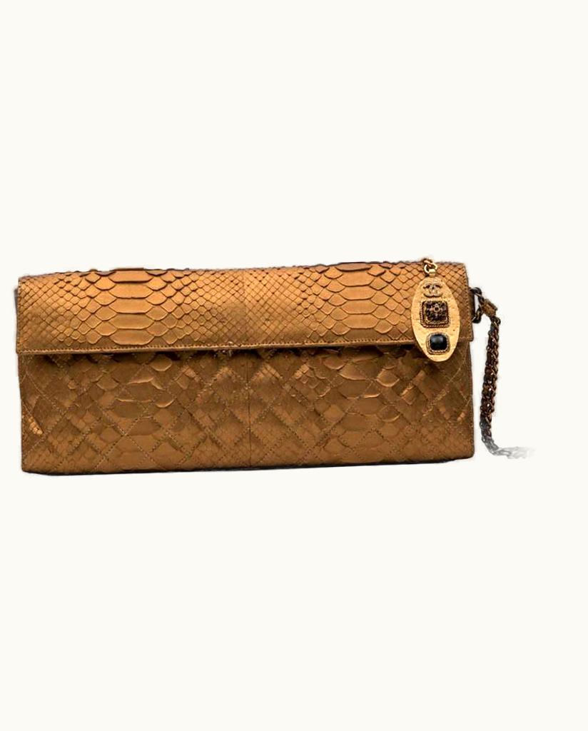 Chanel Long Chanel Pouch In Matte Copper Gold Python