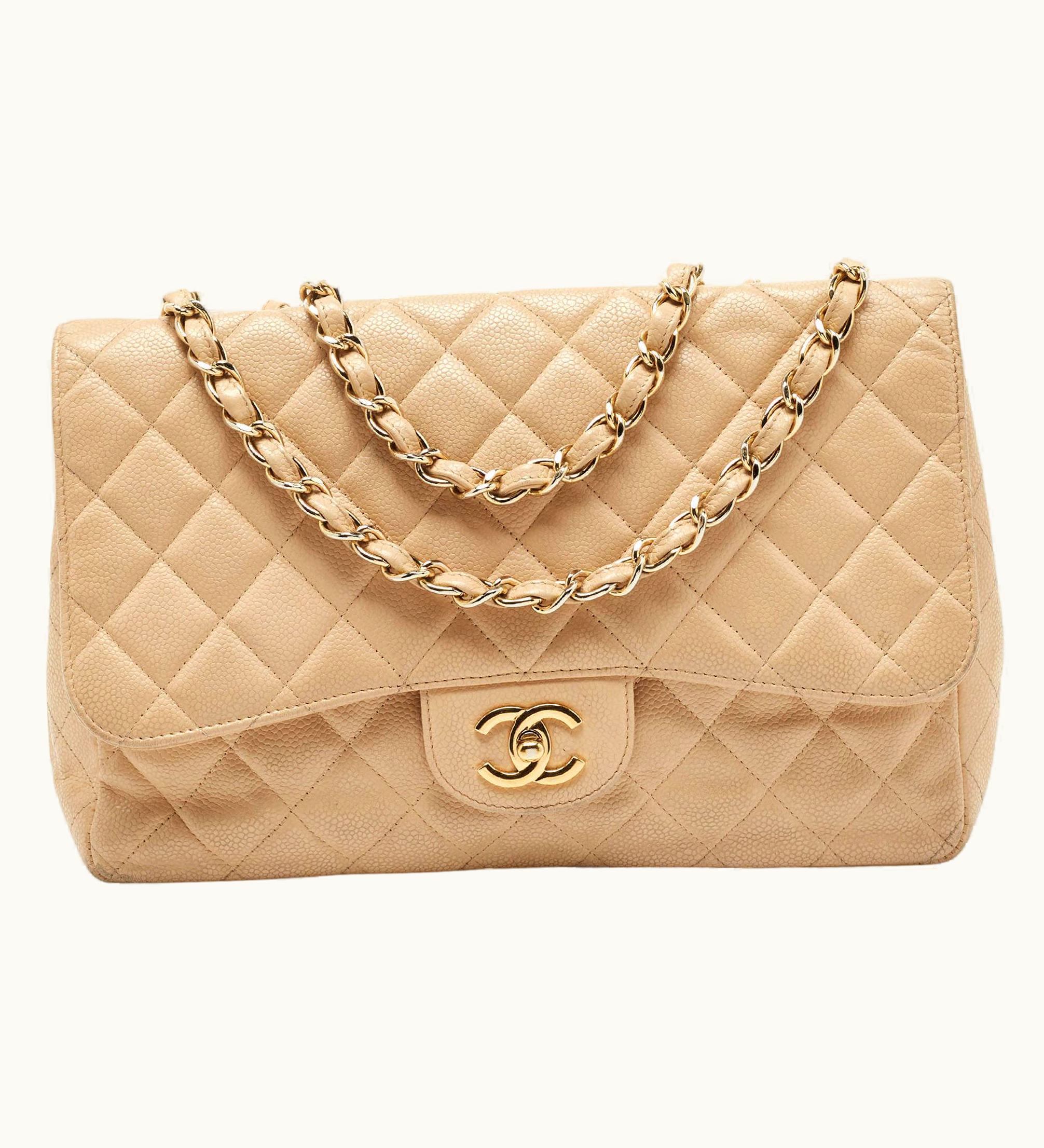Chanel Chanel Beige Quilted Caviar Leather Jumbo Classic Single Flap Bag