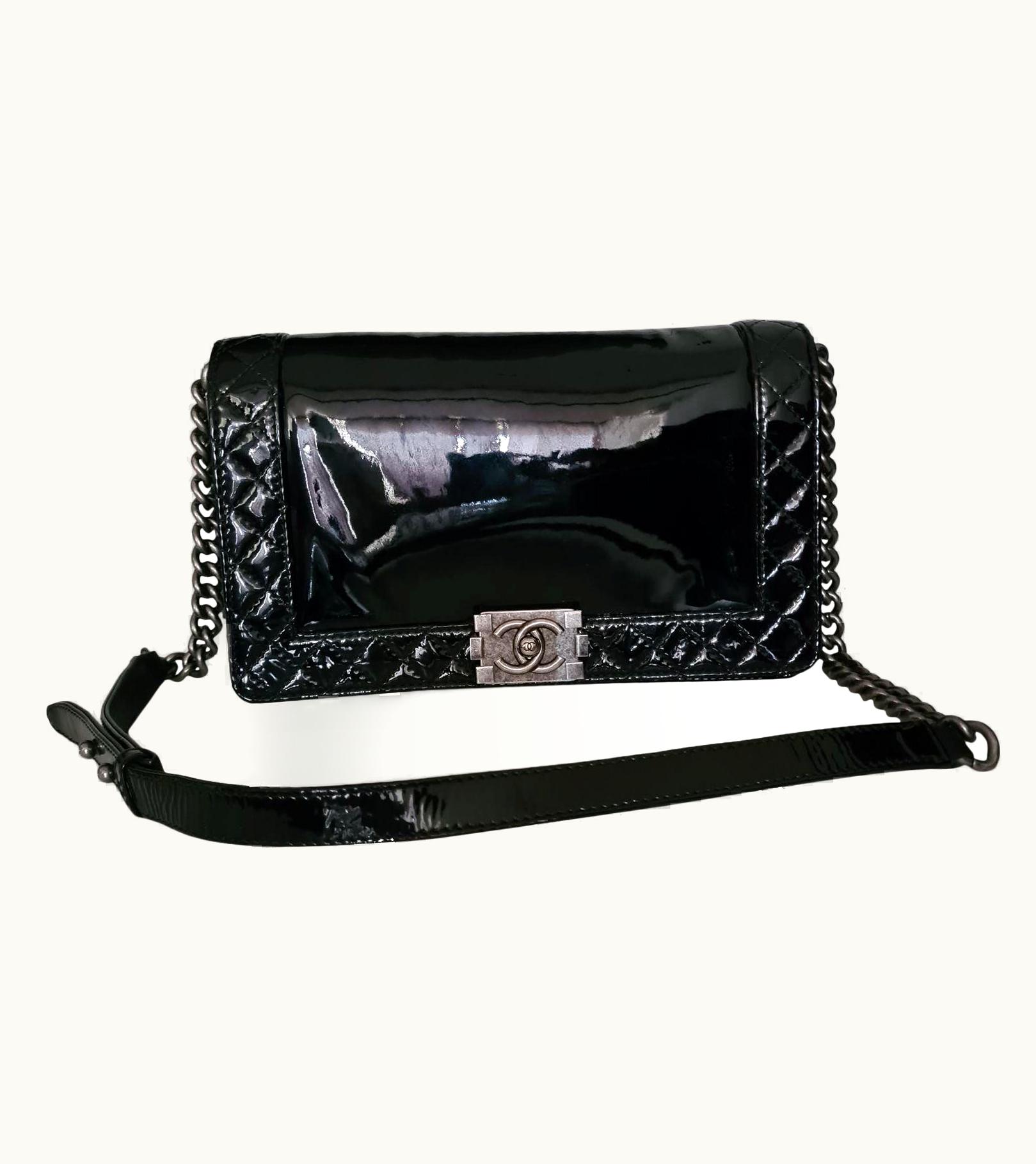 Chanel Chanel Black Patent Leather Medium Boy Bag