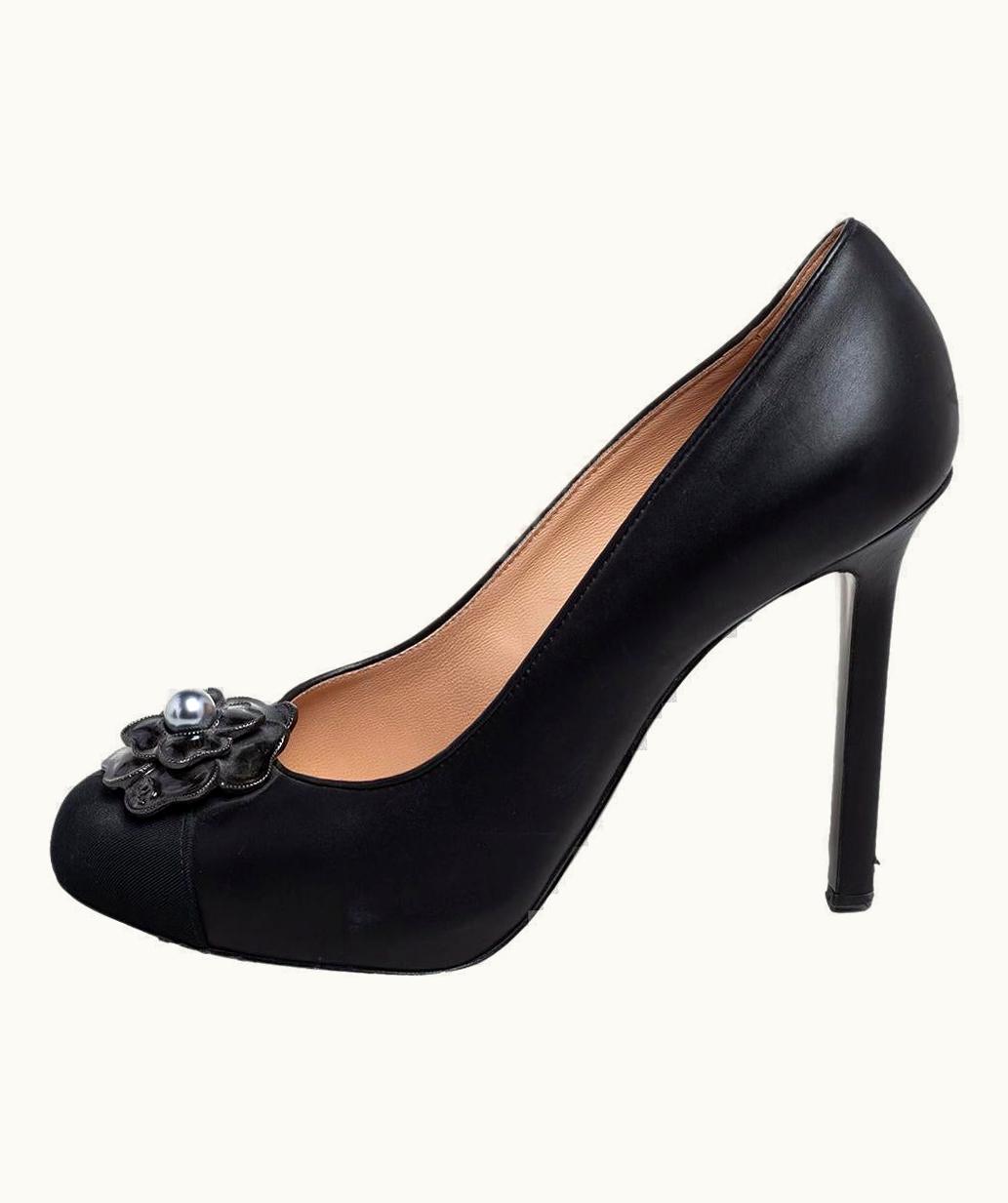Chanel Chanel Black Leather Camellia Embellished Pumps