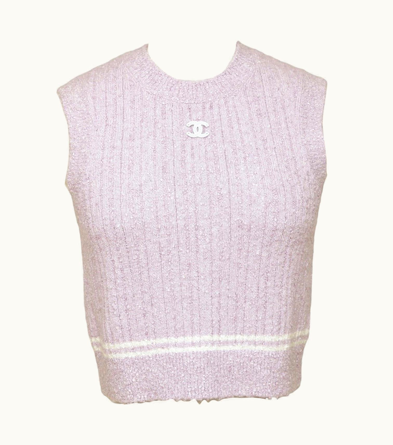 Chanel Chanel Cropped Knit Sweater Top Lavender White Sleeveless Crew Neck 36 Nwt 22p