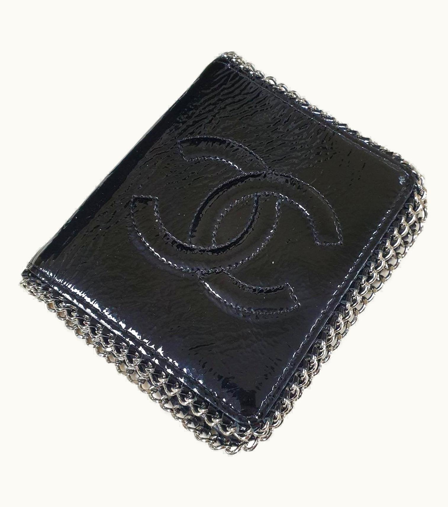 Chanel Chanel Black Patent Leather Cc Logo Chain Wallet