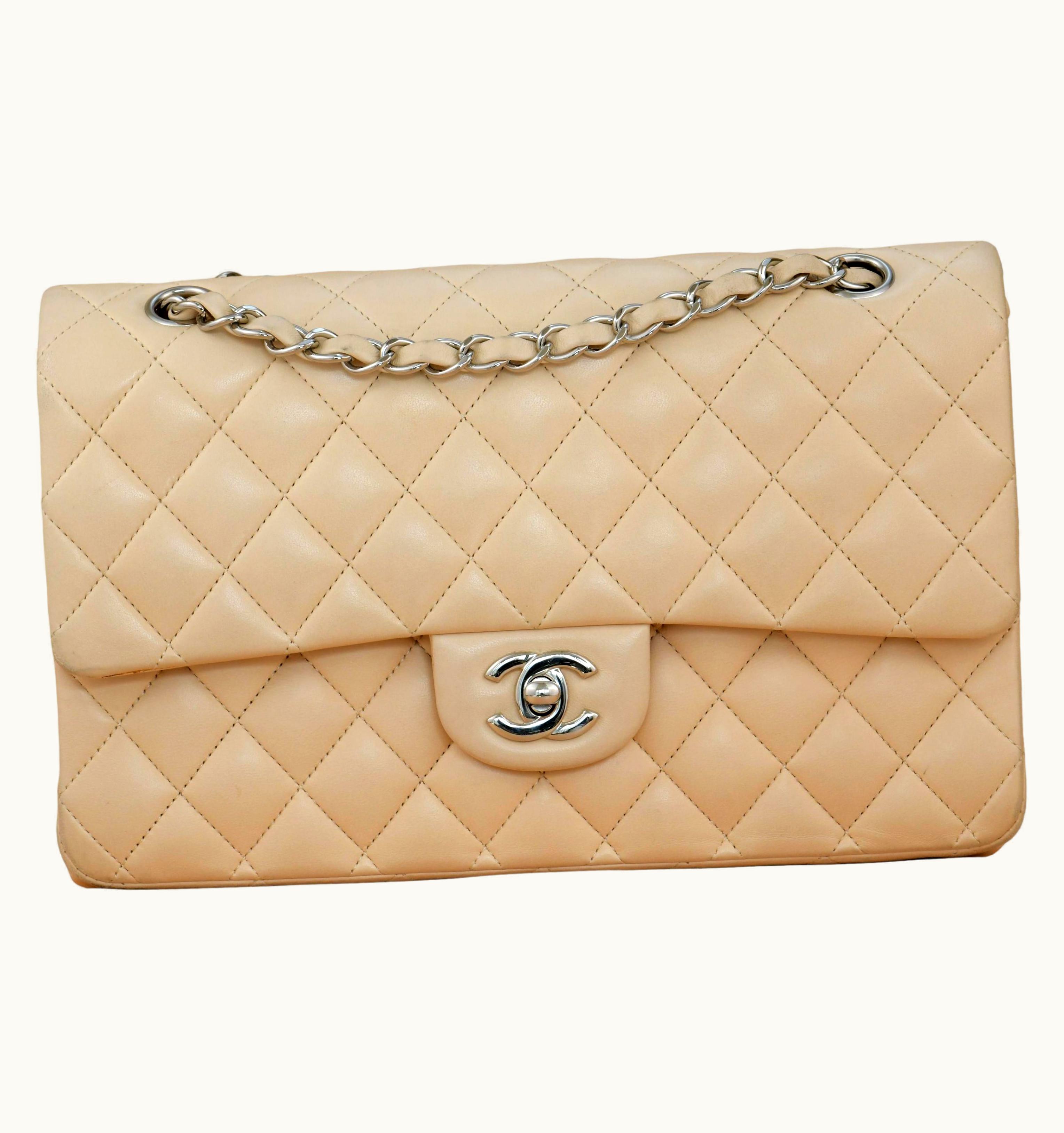Chanel Chanel Beige Quilted Lambskin Leather Medium Classic Double Flap Bag