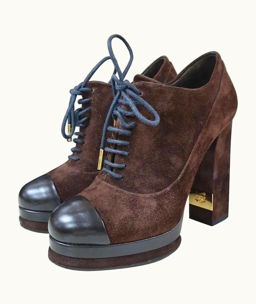 Chanel Chanel Brown Suede Leather Lace Up Heeled Booties