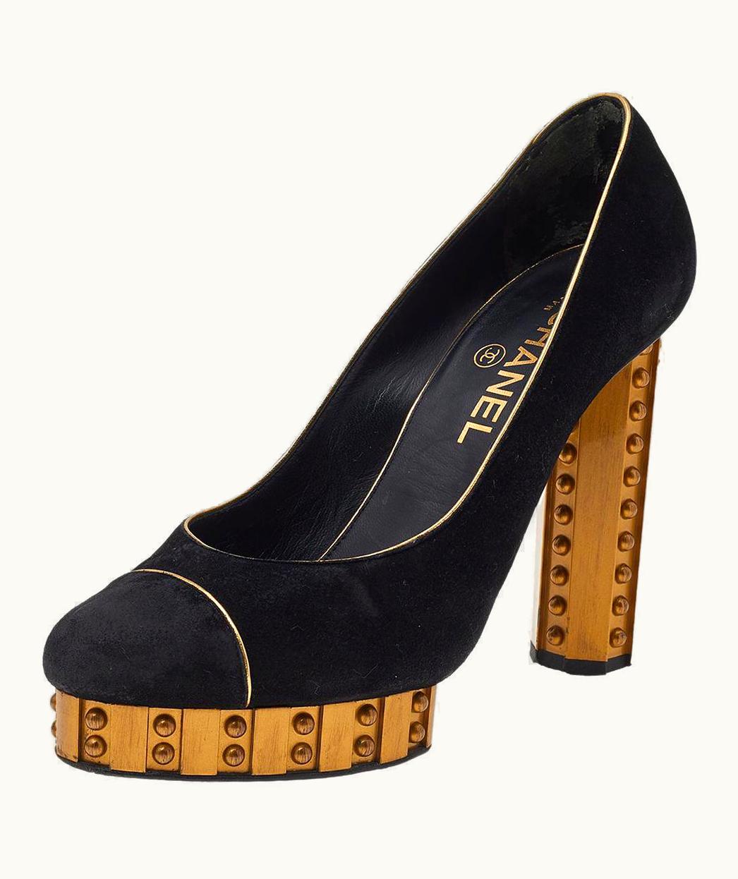 Chanel Chanel Black/Gold Suede Platform Pumps