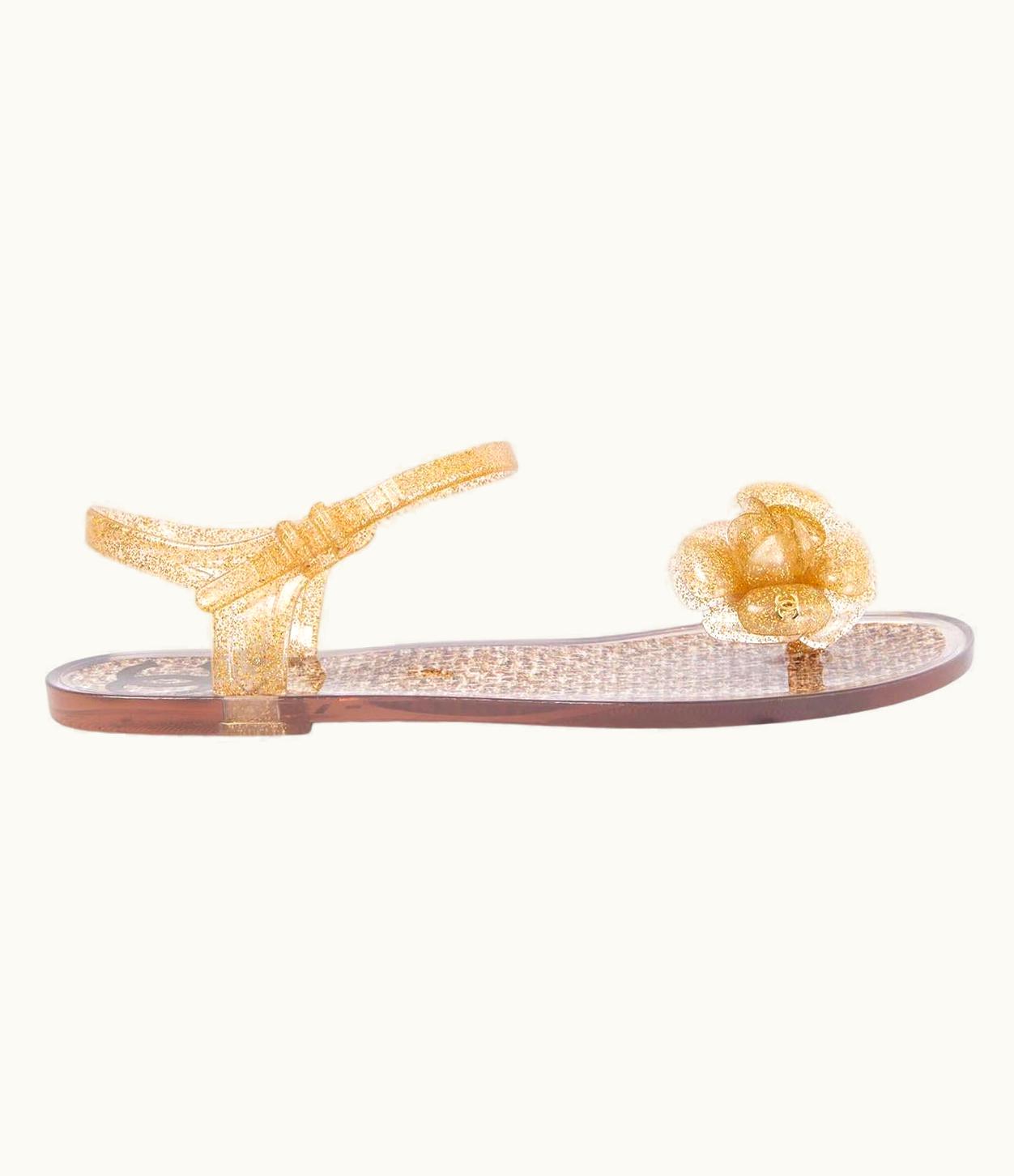 Chanel Chanel Gold Rubber Glitter Camellia Sandals Flats Shoes