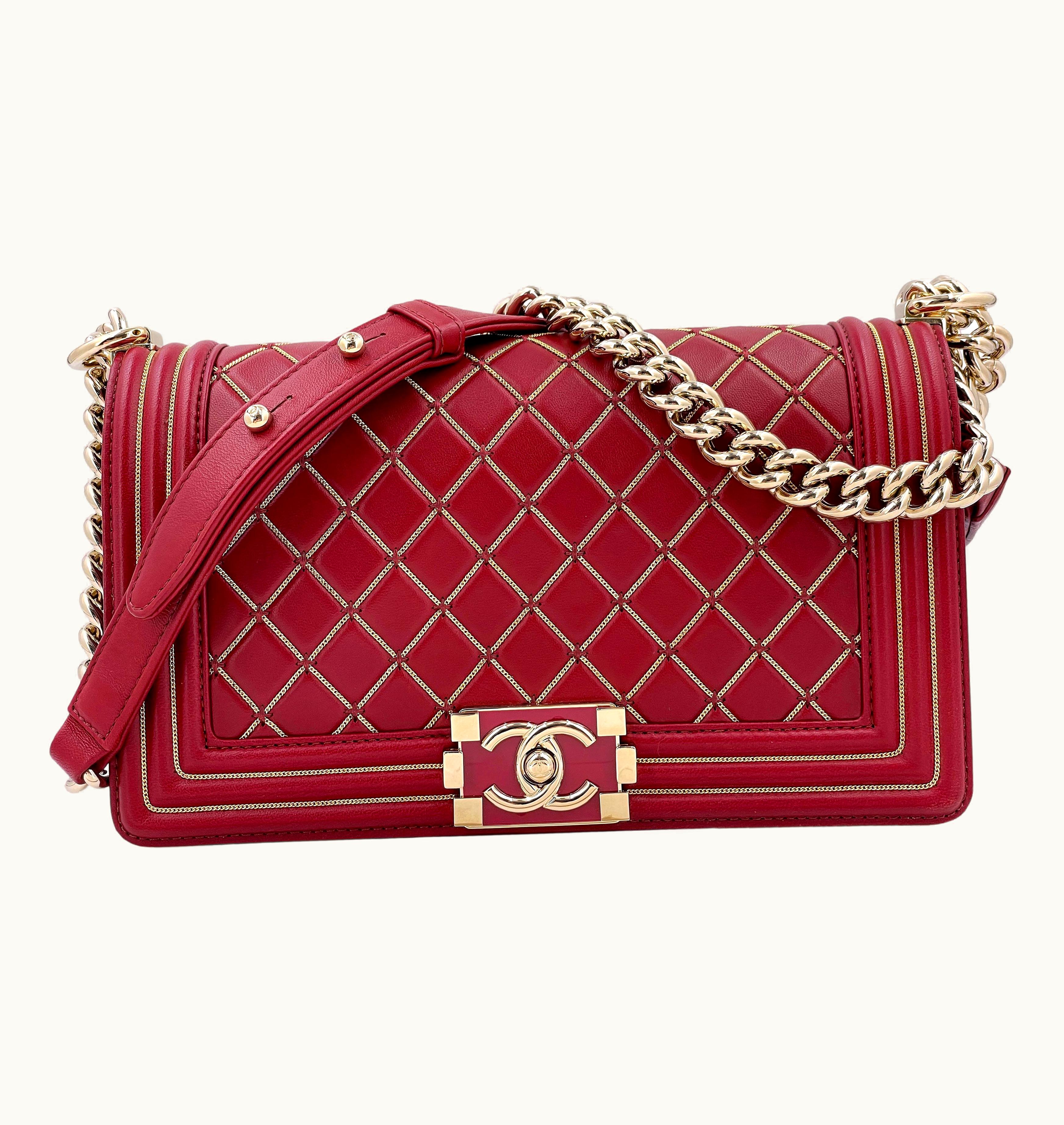 Chanel Chanel Red Micro Chain Quilted Medium Boy Bag Ghw