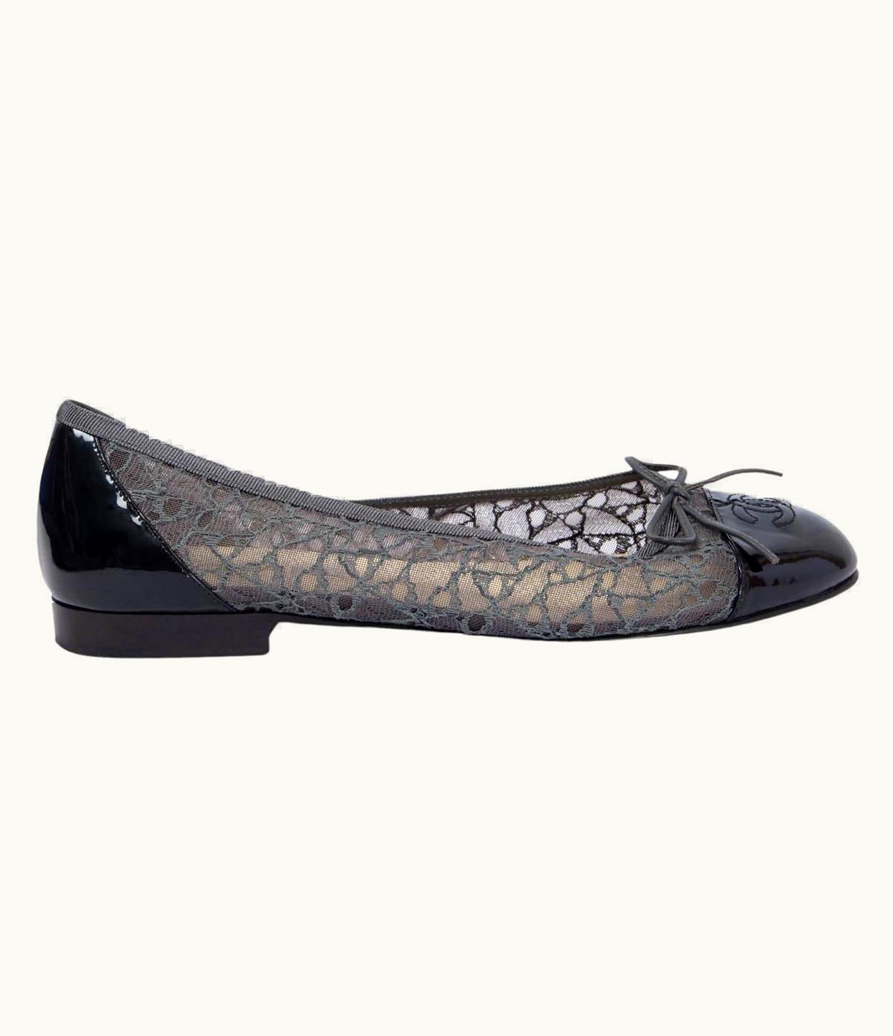 Chanel Chanel Grey Lace Mesh & Patent Ballet Flats Shoes