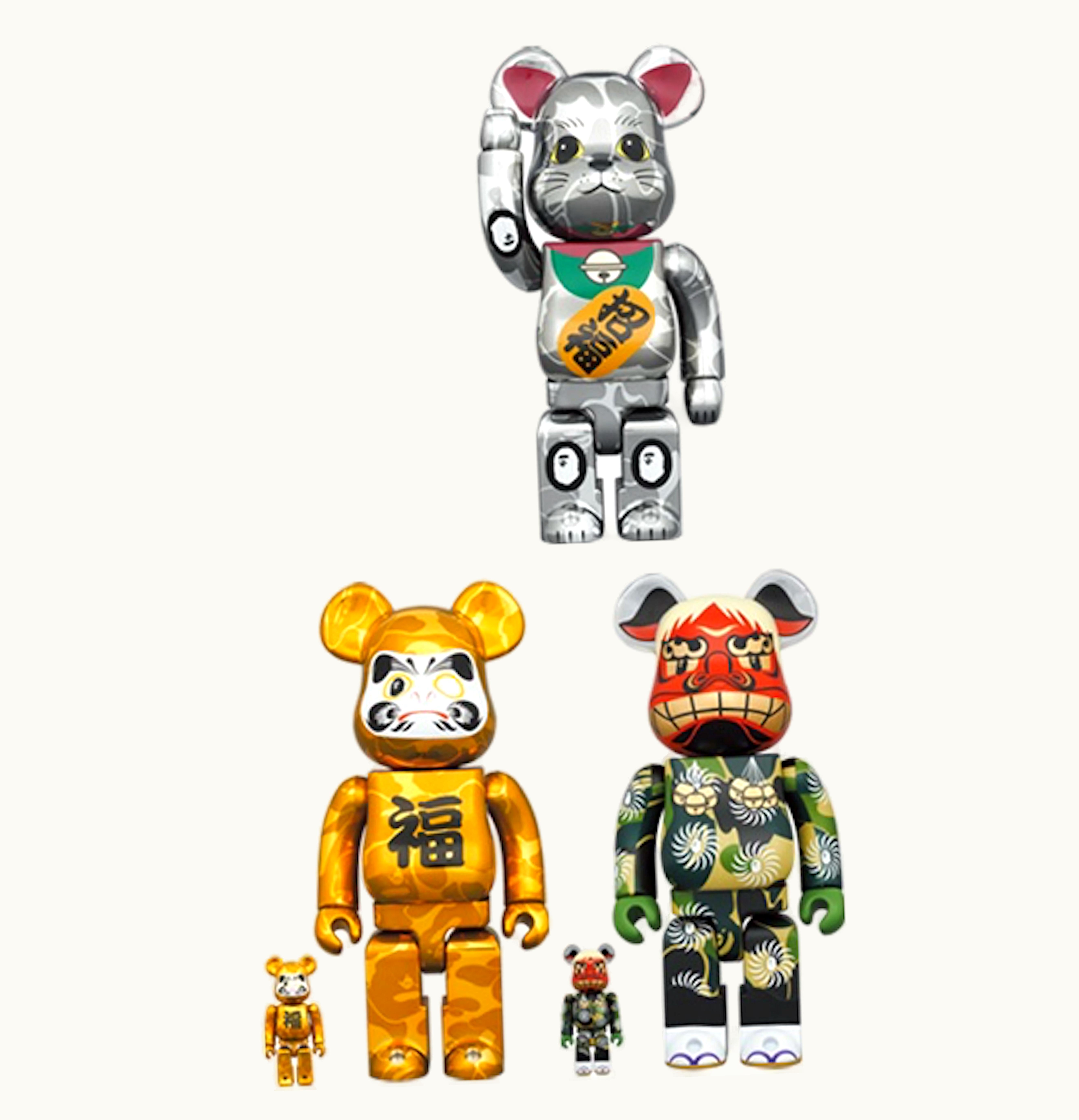 Bearbrick Bearbrick x BAPE Lion Dance Daruma and Maneki Neko 100 400 6 Pc Set Multi
