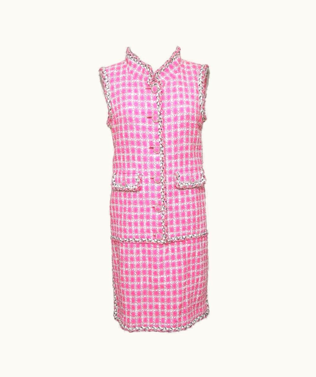 Chanel Chanel Tweed Dress Pink White Black Grey Leather Sleeveless Lesage