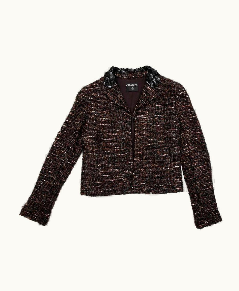 Chanel Chanel Brown Black And White Tweed Jacket With Black Shiny Threads