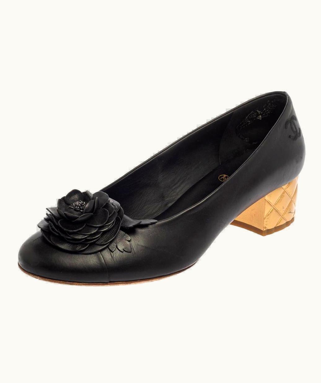 Chanel Chanel Black Leather Camellia Ballet Pumps