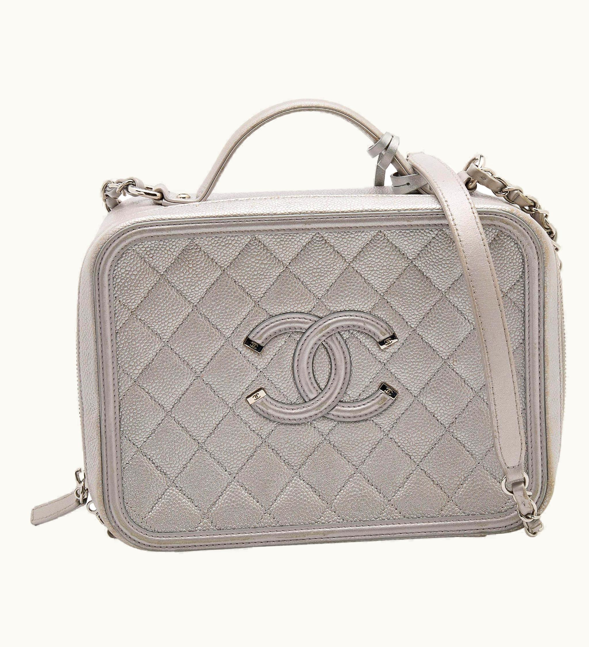 Chanel Chanel Silver Quilted Caviar Leather Large Filigree Vanity Bag