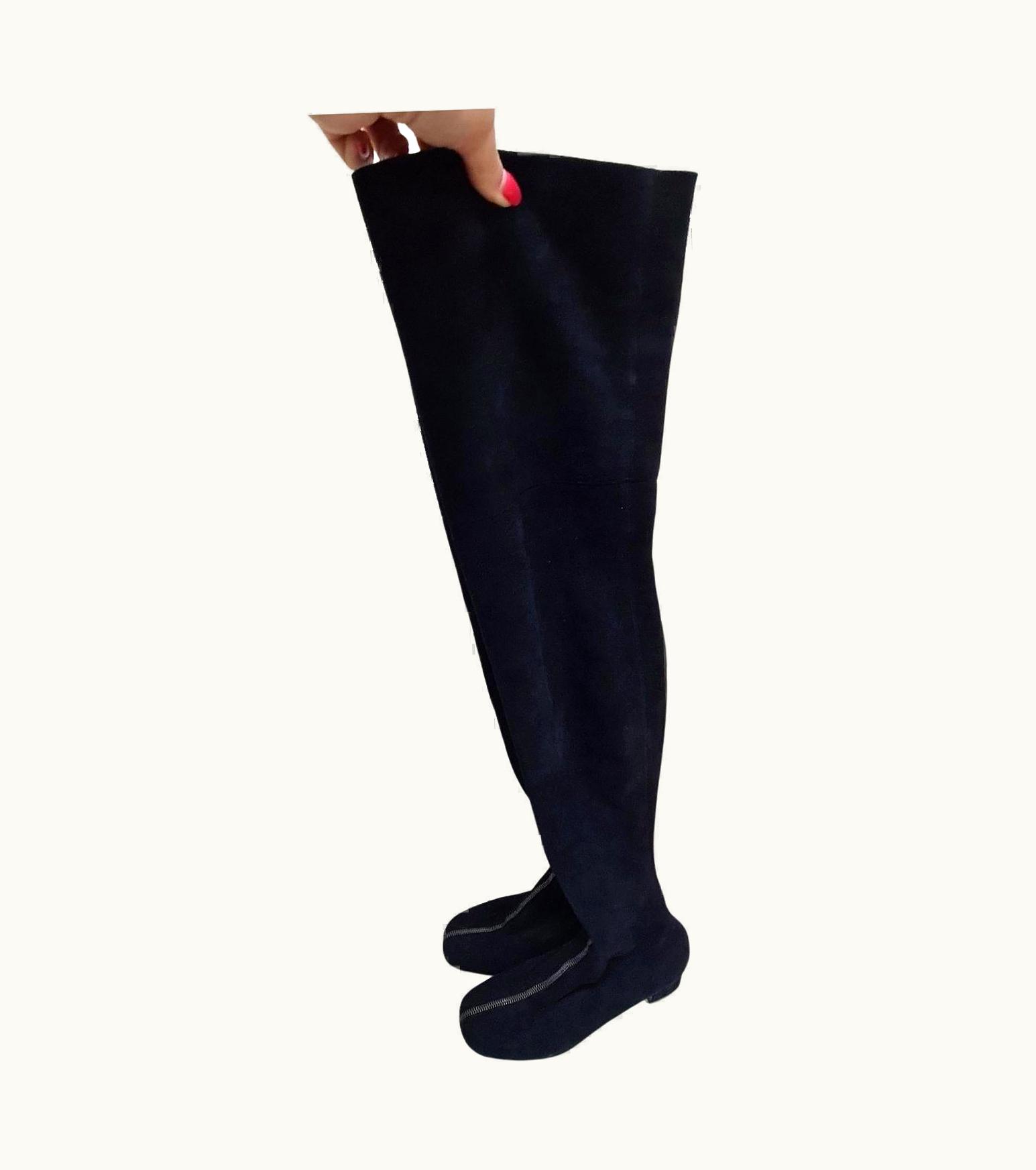 Chanel Chanel Black Suede Front Zip Over The Knee Boots