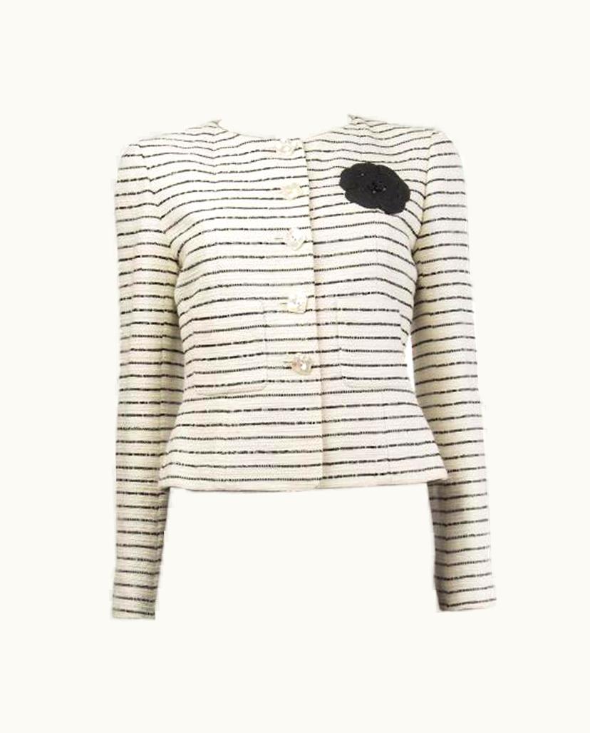 Chanel Chanel Off-white Cotton & Back Sequin Collarless Blazer Jacket