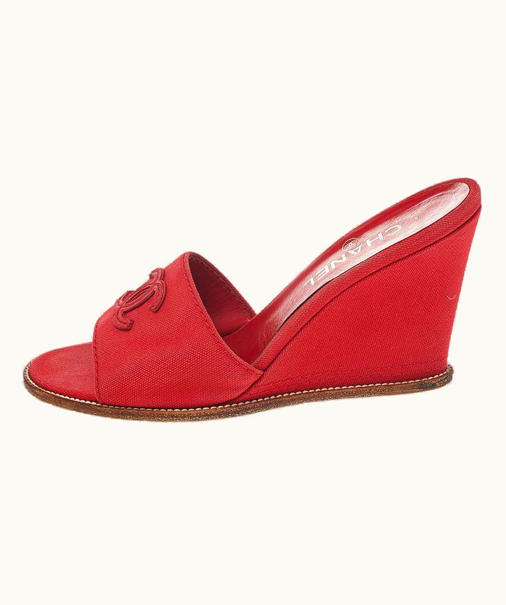 Chanel Chanel Red Canvas Cc Wedge Slide Sandals  UZ0594235