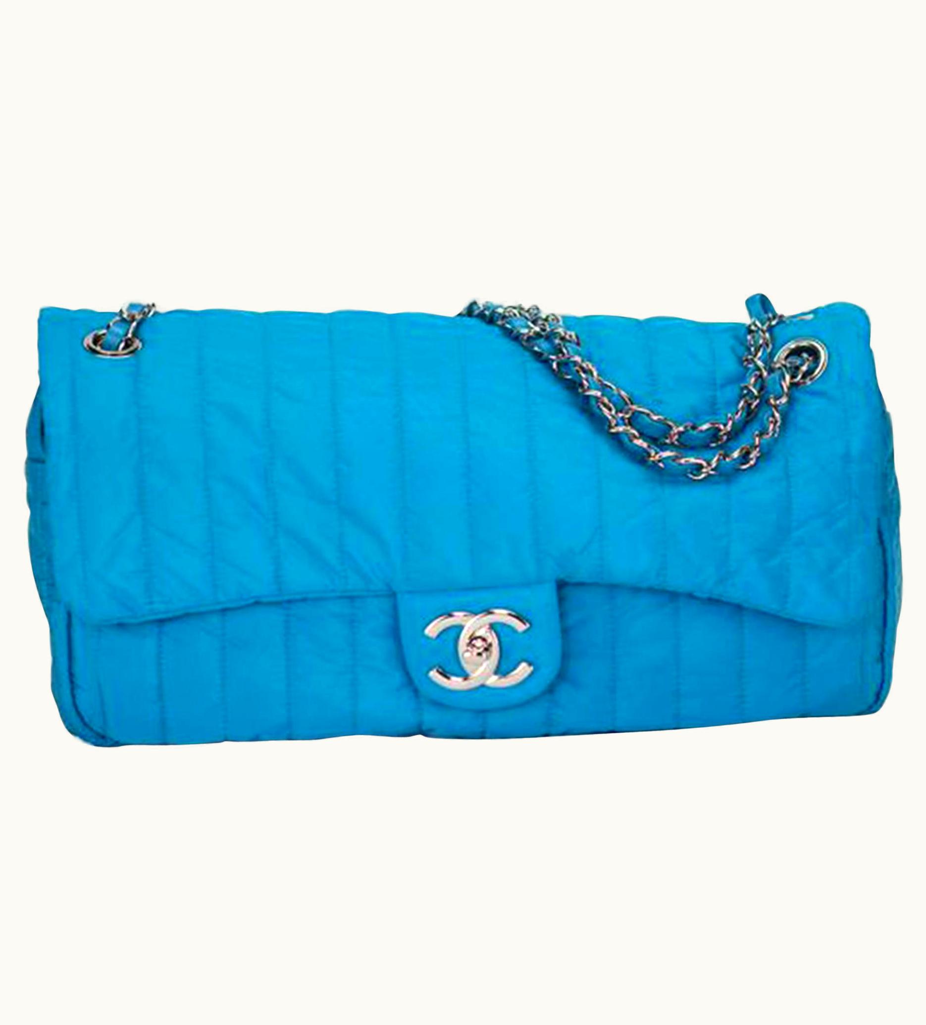 Chanel Chanel Classic Flap Quilted Microfiber Acqua Blue Nylon Shoulder Bag