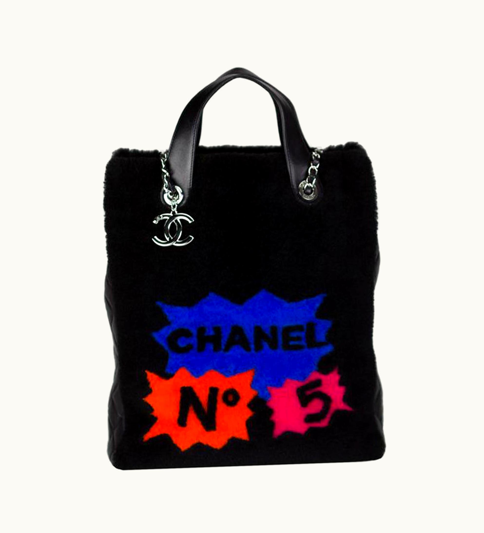 Chanel Shearling And Quilted Chanel Diamond Stitch Lambskin Leather Graffiti Tote