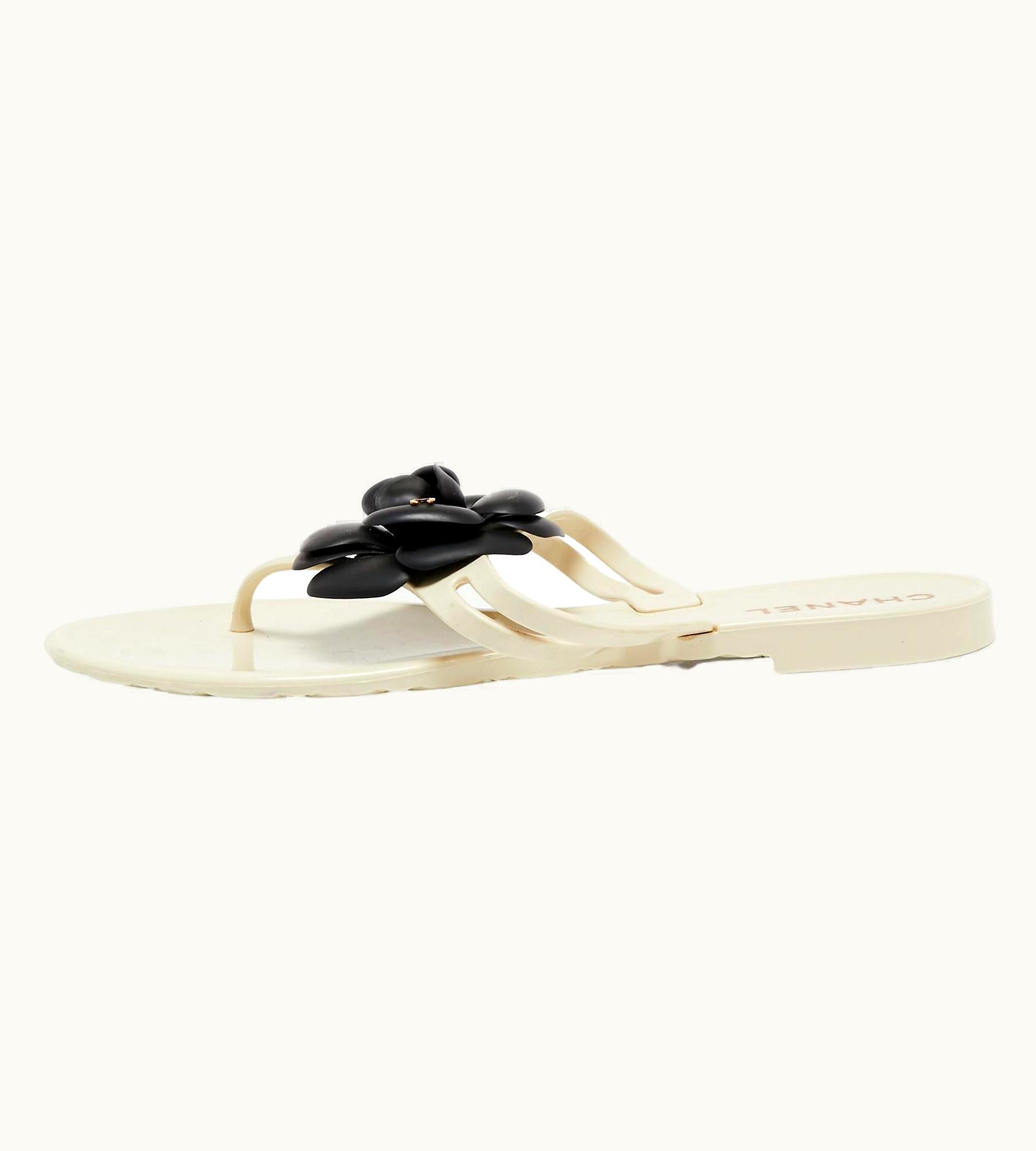 Chanel Chanel Cream/Black Jelly Camellia Thong Flats