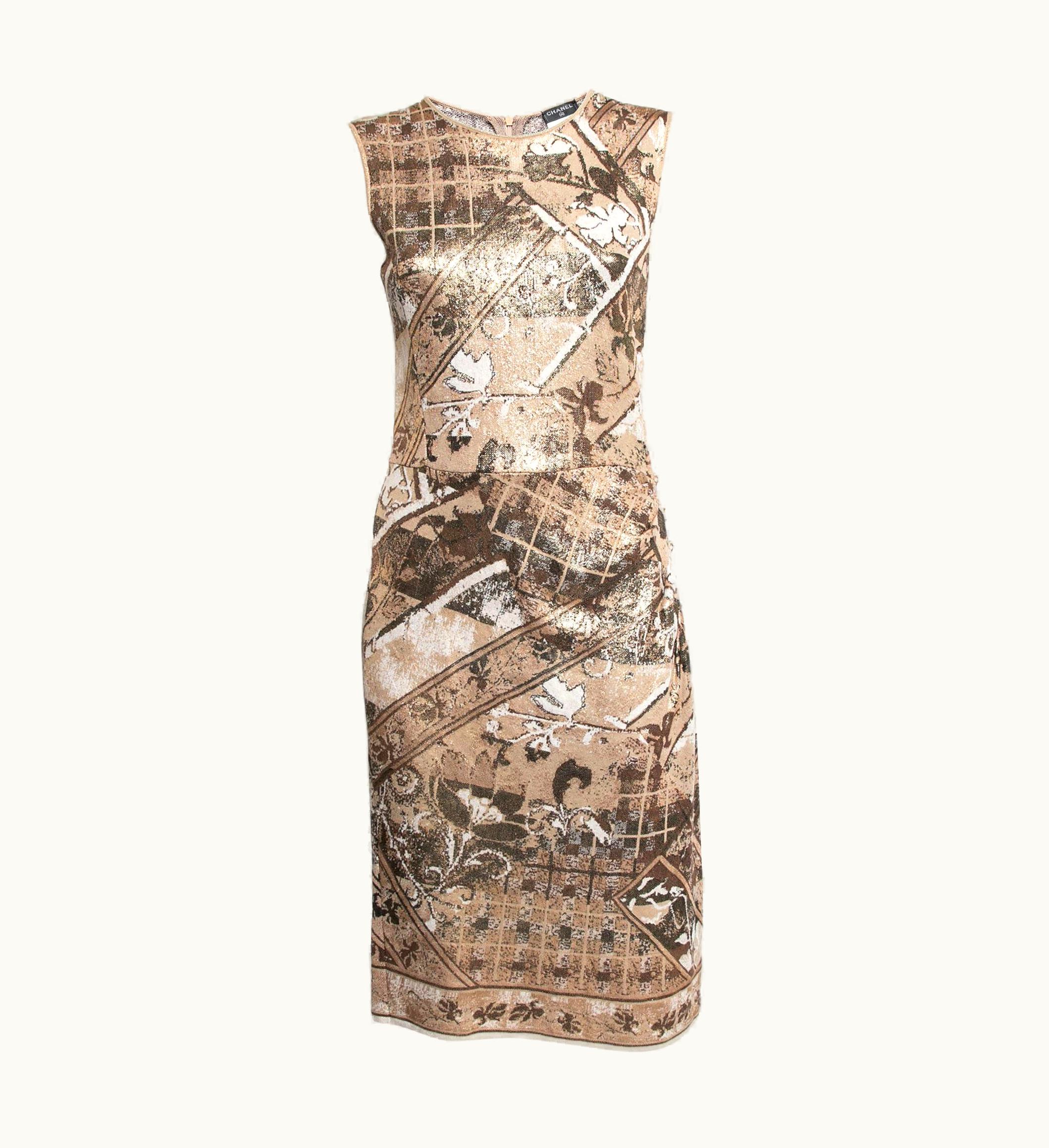 Chanel Chanel Beige & Gold Jacquard Knit Button Detail Sleeveless Dress