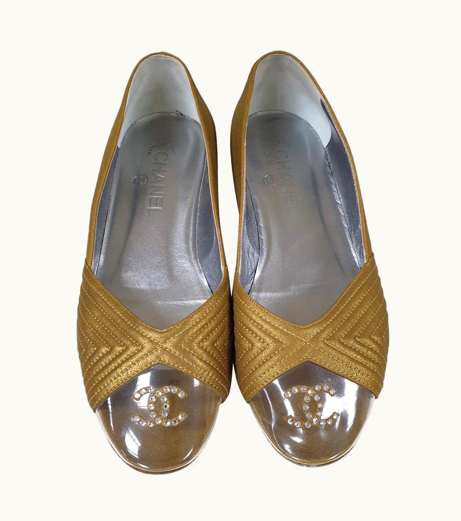Chanel Chanel Gold Glitter Transparent Toe Cc Logo Ballet Flats