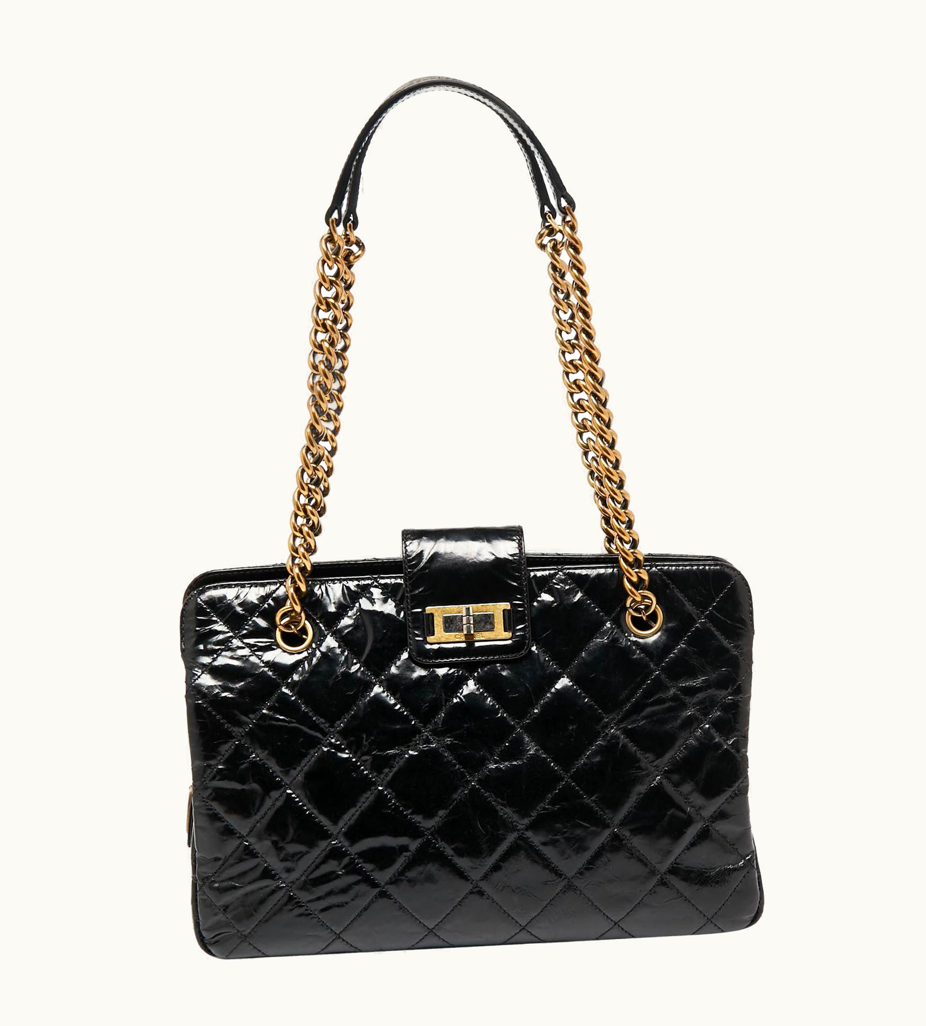Chanel Chanel Black Crackled Glazed Quilted Leather Reissue Chain Tote