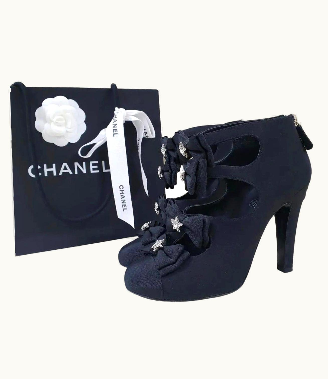 Chanel Chanel Black Satin Crystal Strass Bow Open Heels Boots Booties