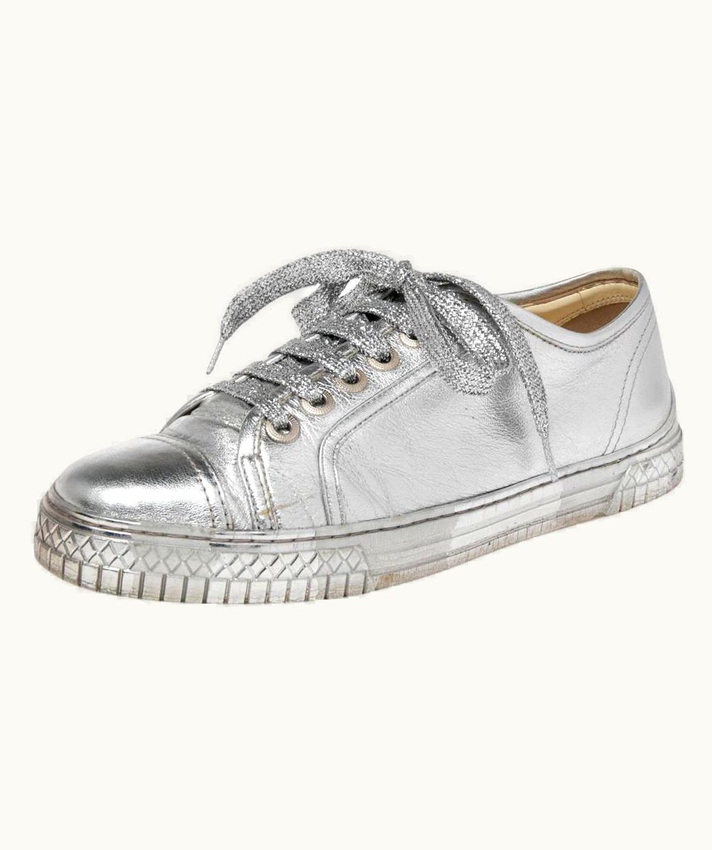 Chanel Chanel Metallic Silver Leather Lace Up Sneakers