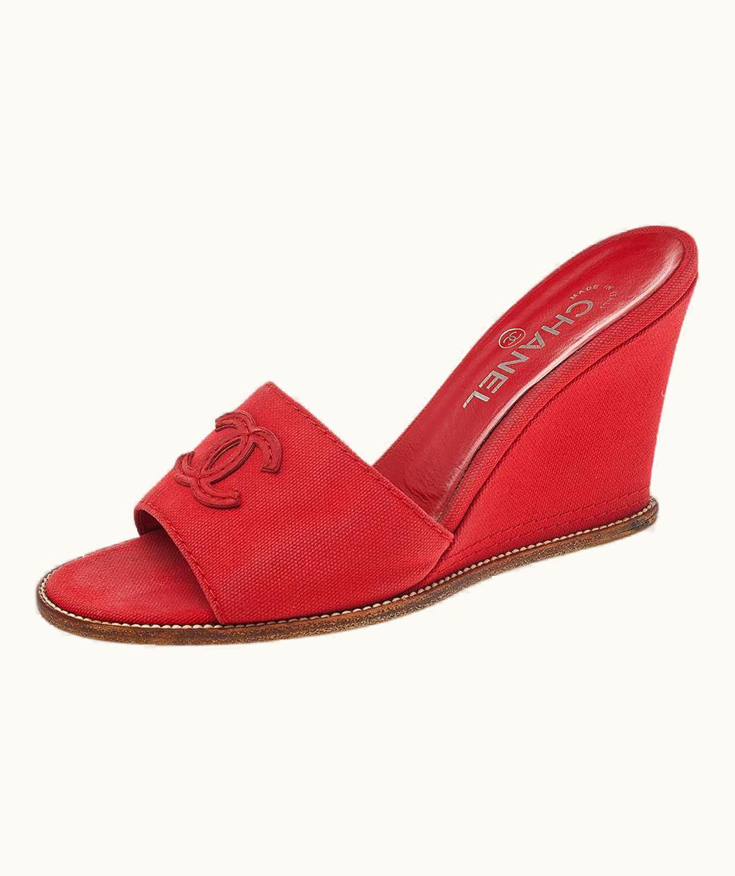 Chanel Chanel Red Canvas Cc Wedge Slide Sandals UZ0594279