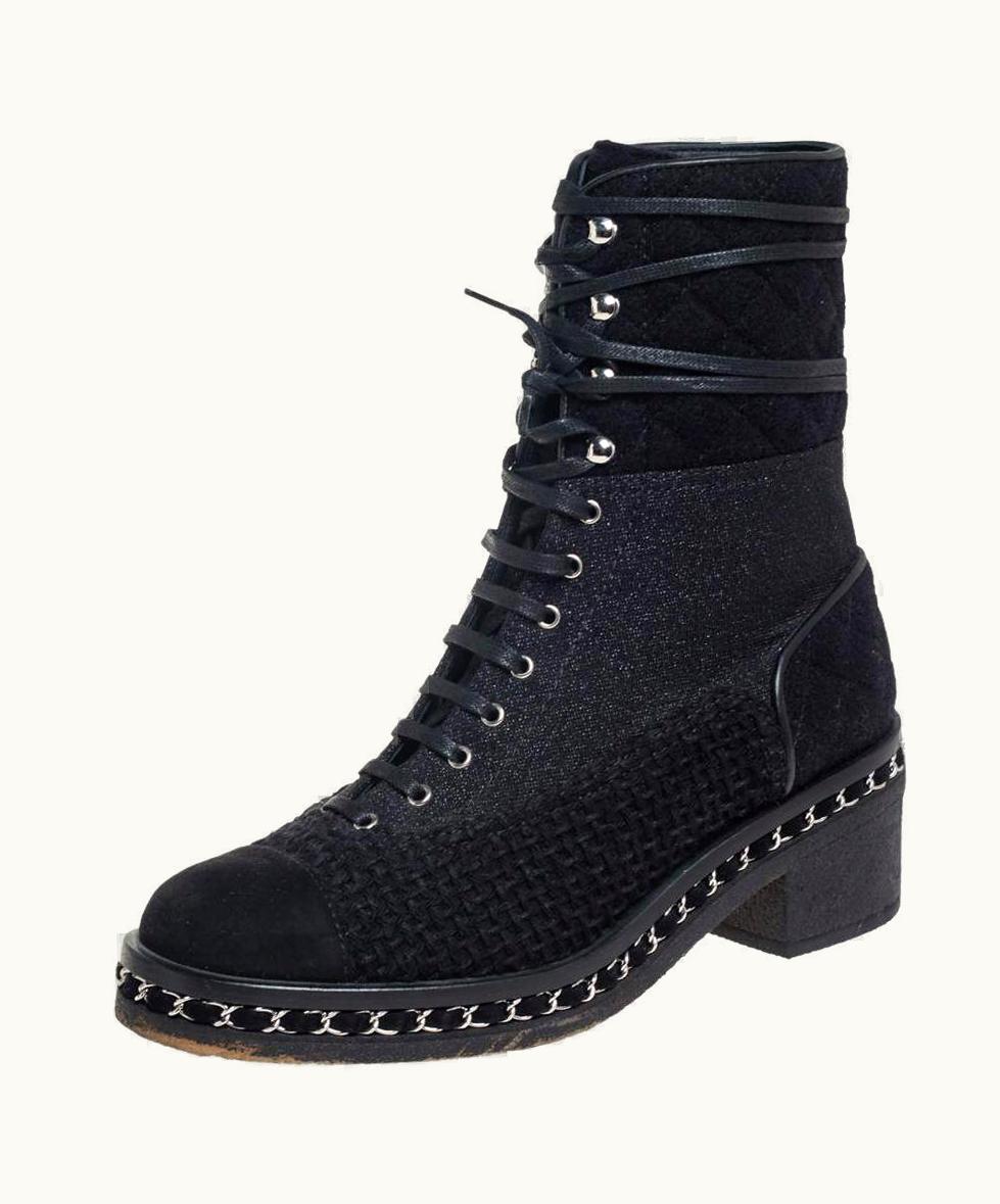 Chanel Chanel Black Tweed And Suede Combat Boots