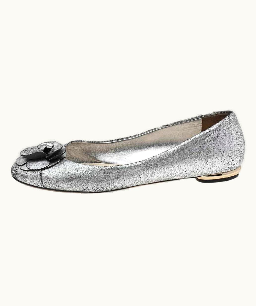 Chanel Chanel Silver Textured Leather Camellia Ballet Flats