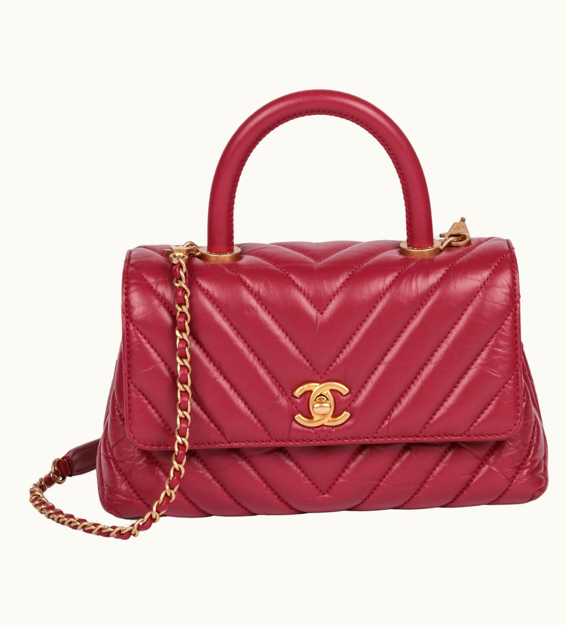 Chanel Chanel Red Chevron Aged Calfskin Leather Small Coco Top Handle