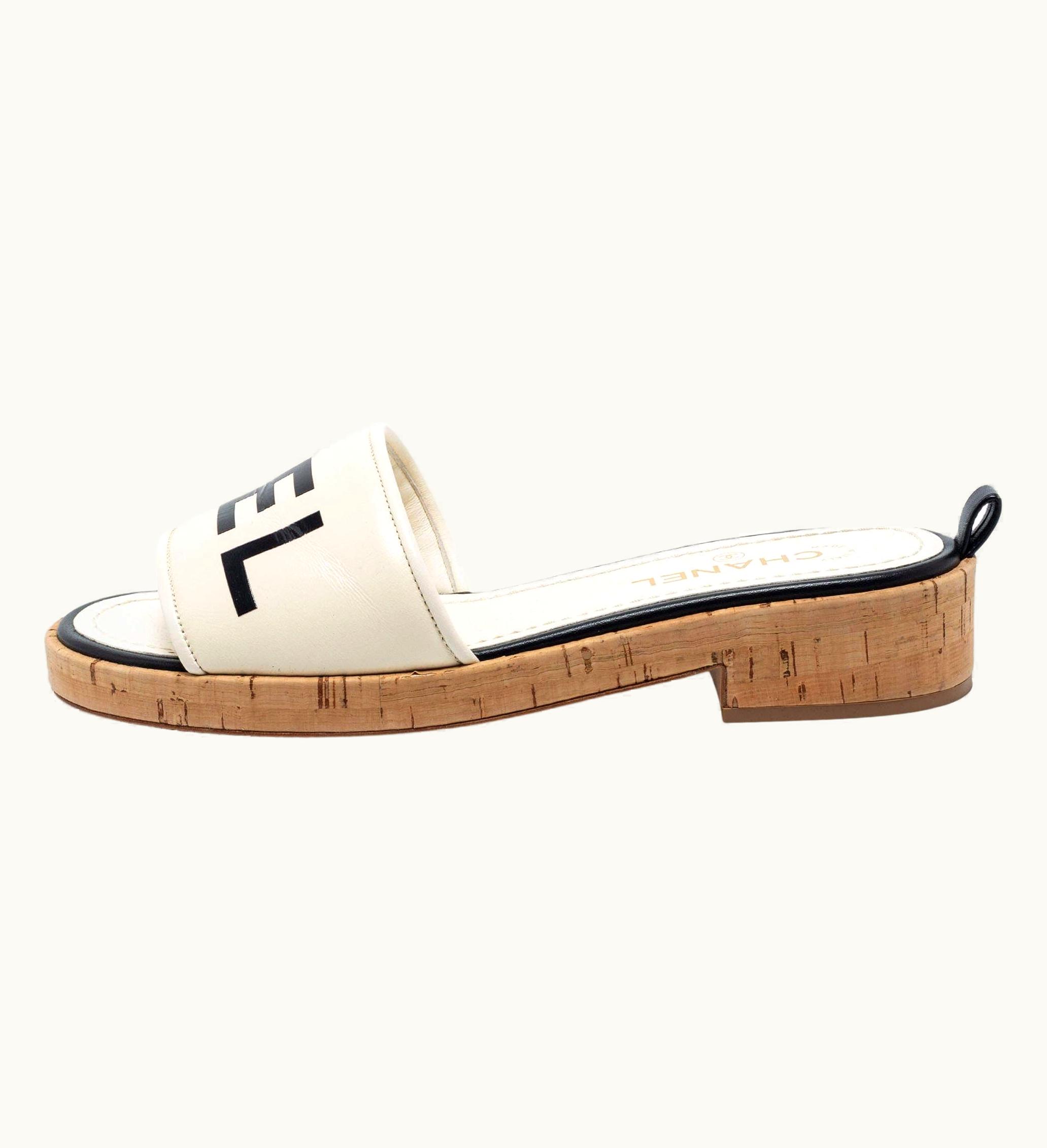 Chanel Chanel Cream Logo Leather Cork Slide Sandals