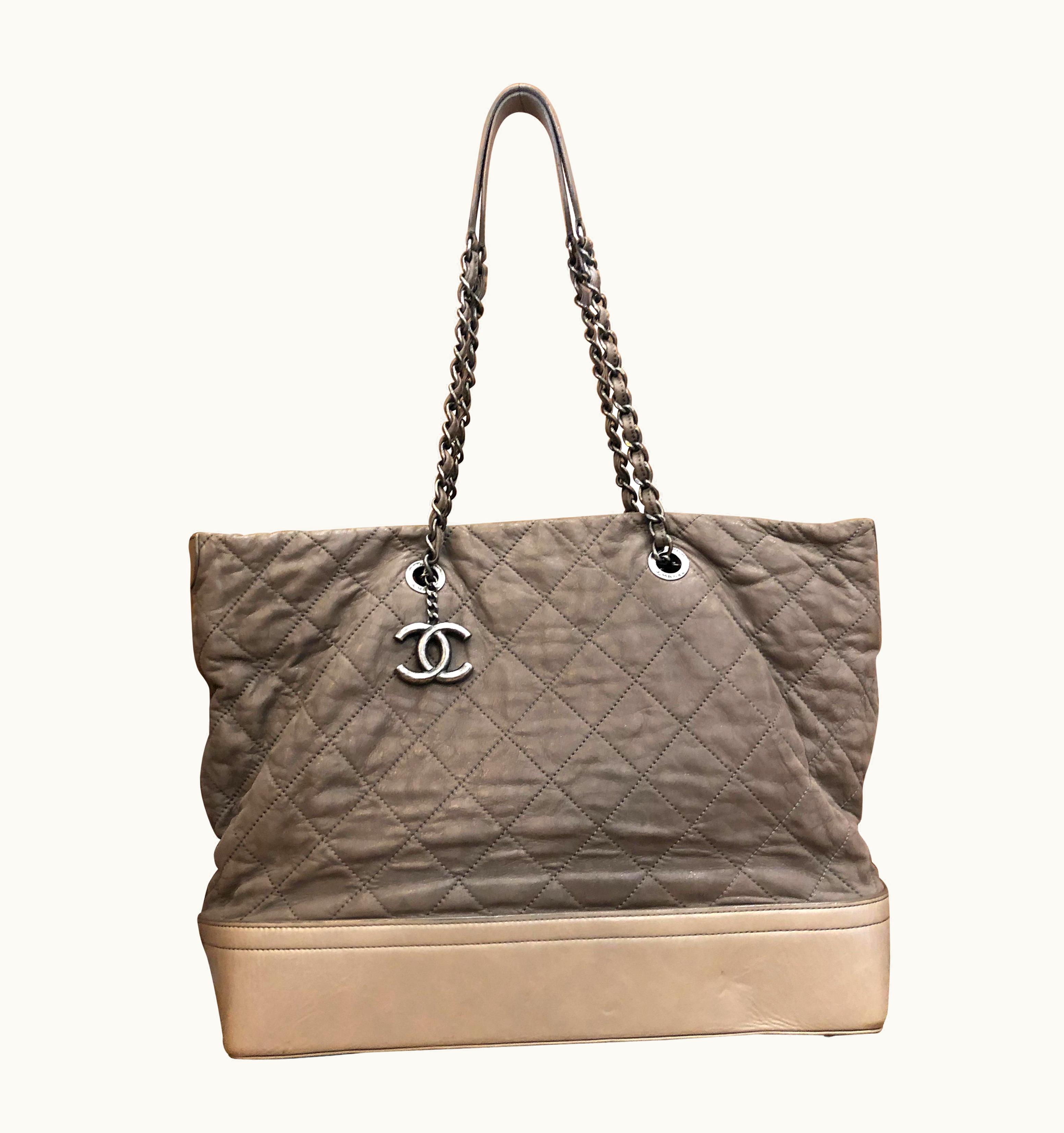Chanel 2011 Chanel Distressed Khaki Calfskin Leather Chain Tote Xl