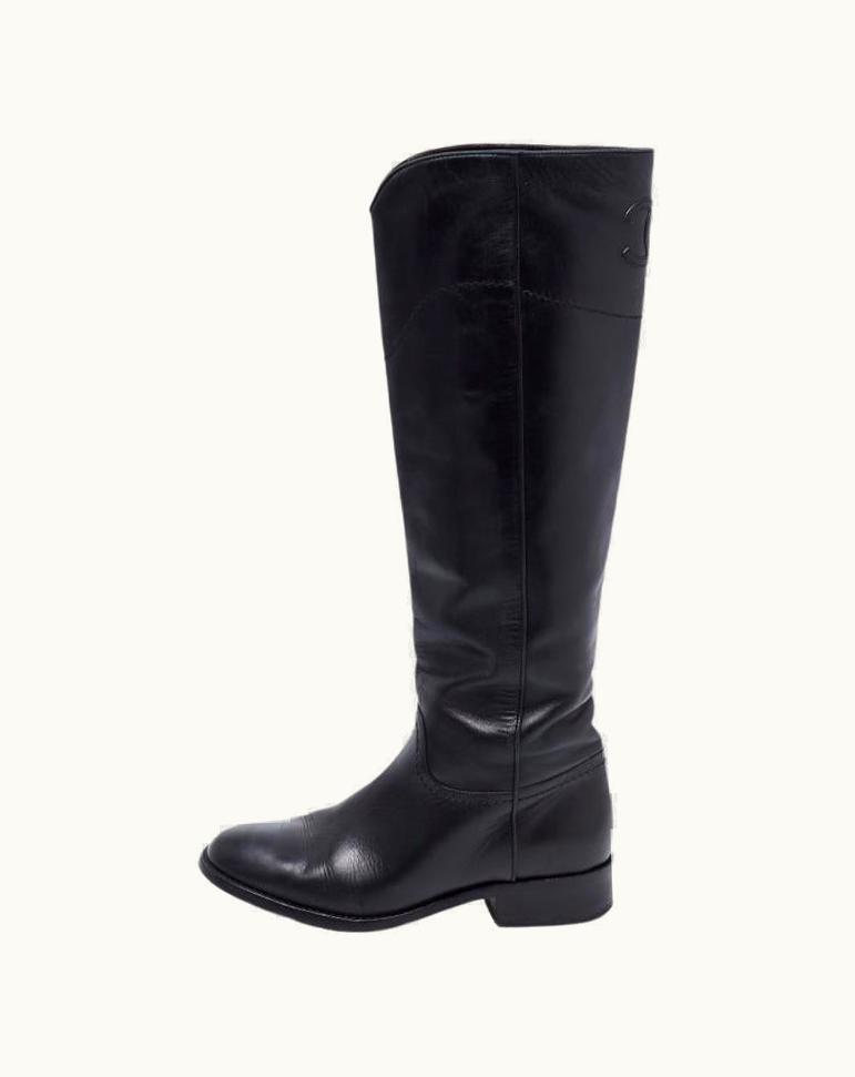 Chanel Chanel Black Leather Interlocking Cc Logo Riding Midcalf Boots