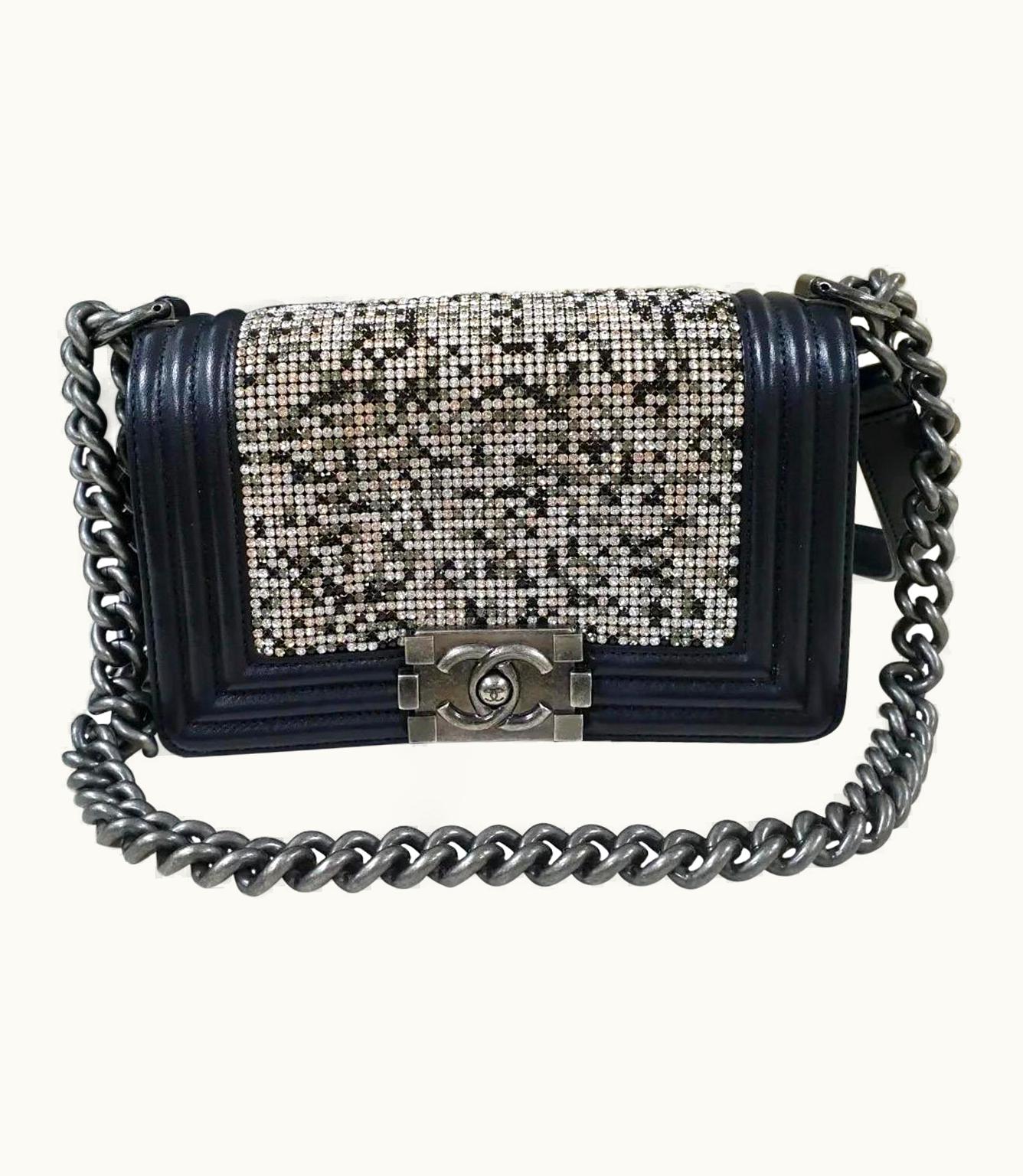 Chanel Chanel Swarovski Crystal & Black Lambskin Leather Small Boy Bag