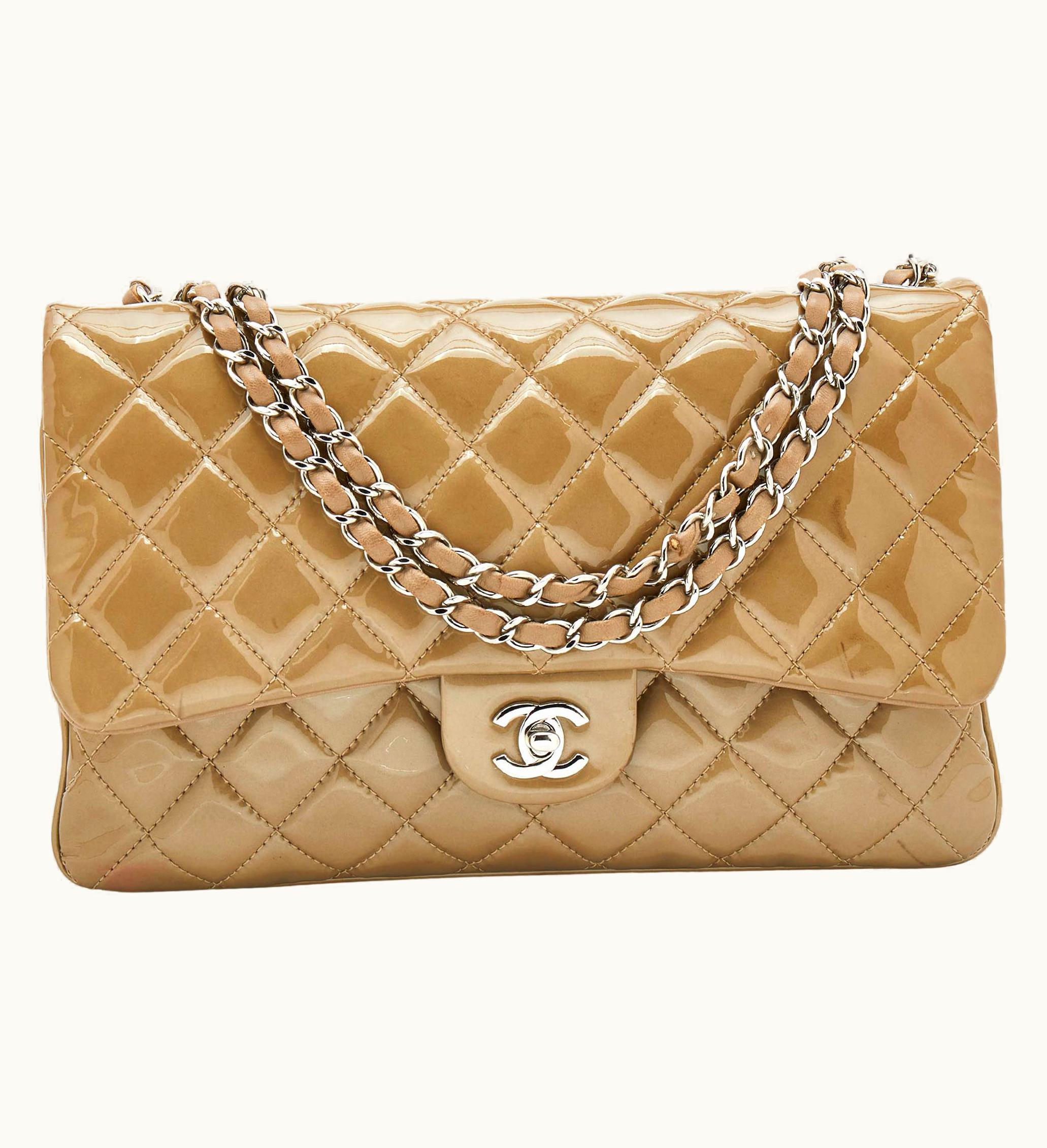 Chanel Chanel Olive Grey Quilted Patent Leather Accordion 3 Flap Bag