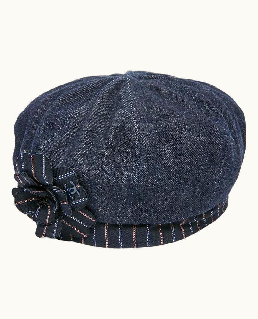 Chanel Chanel Denim And Striped Camellia Beret Fr