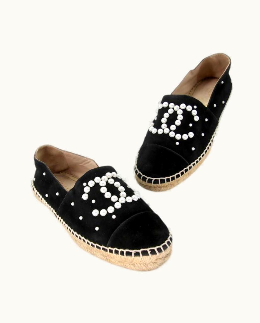 Chanel Chanel Black Suede And Faux Pearl Cc Espadrille Flats